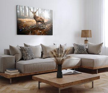 Sinus Art Leinwandbild 120x80cm Wandbild auf Leinwand Hirsch Wald Natur strahl Tierfotografie, (1 St)