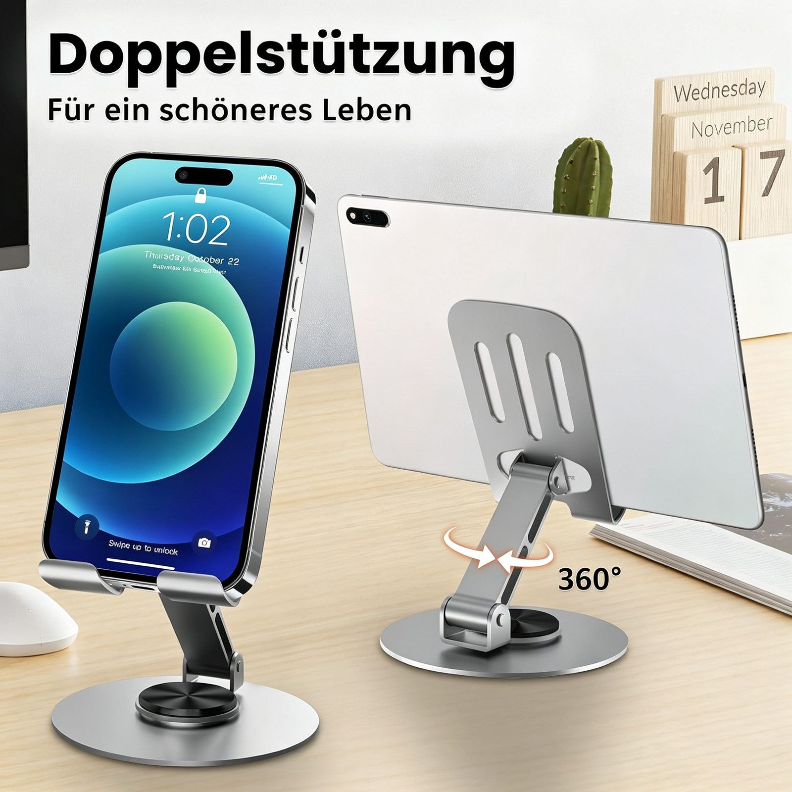 BOOD Handy-Halterung Universeller Metall‑Handyhalter, mehrfach verstellbar, 360° drehbar, (Packung, 1-tlg., Keine Montage erforderlich, verbreiterte Halterkufe, – Bild 4 von 5