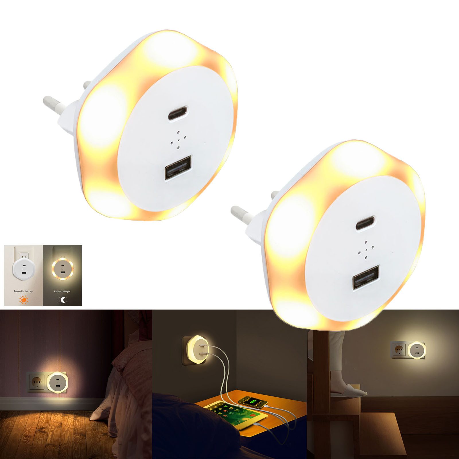 LED Nachtlicht LED Nachtlicht mit Steckdose, USB-Anschluss/Type-C mit Ladefunktion