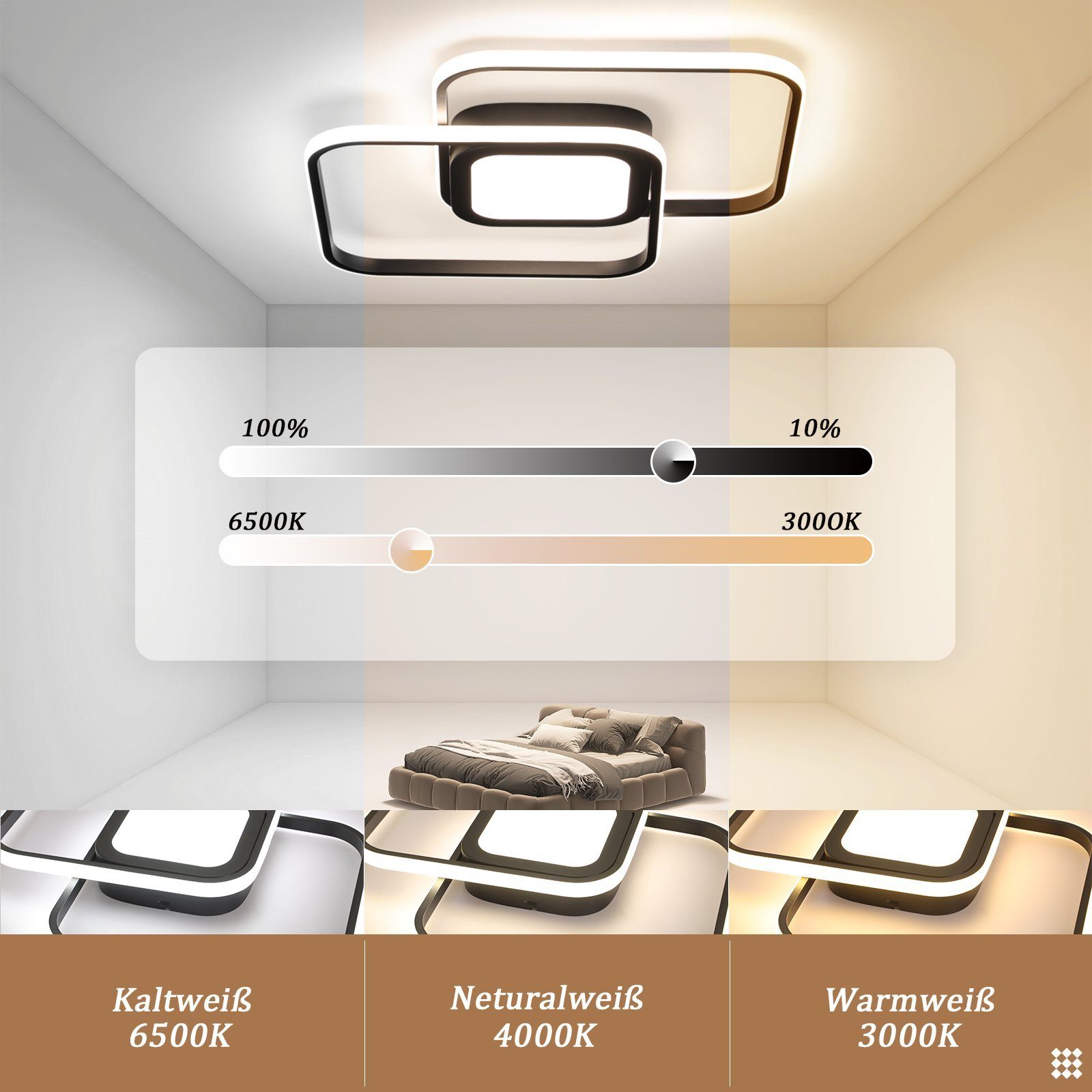 Metall Schwarz LED Dimmbar 48W Modern Esszimmer, fest Schlafzimmerlampe Kinderzimmer für - Deckenleuchte LED ZMH Wohnzimmer Küche 3000-6500k, Fernbedienung, integriert, mit