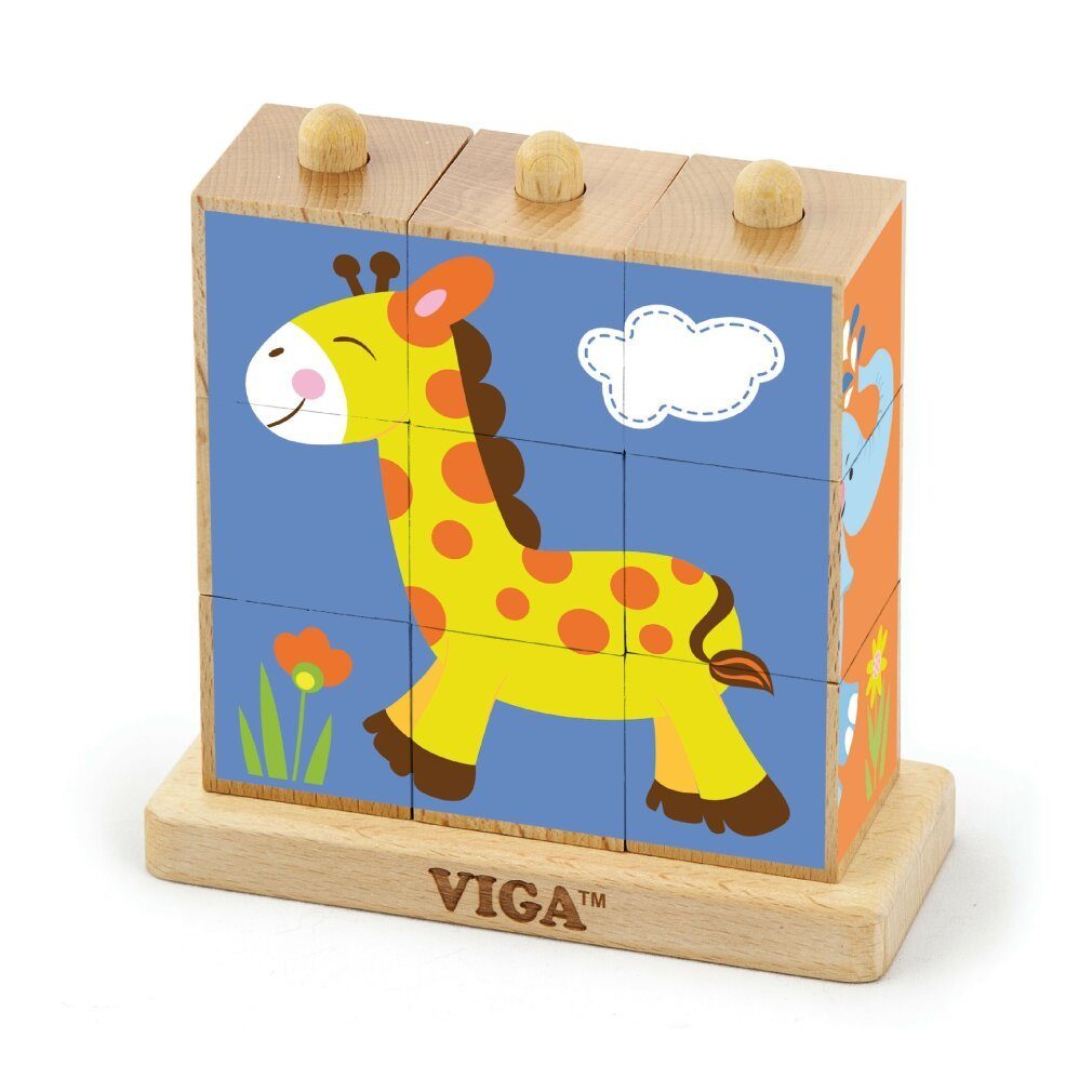 Viga® Holzspielzeug Spiel Viga 50834 9-teiliges Stapelwürfel-Puzzle - Wildtiere