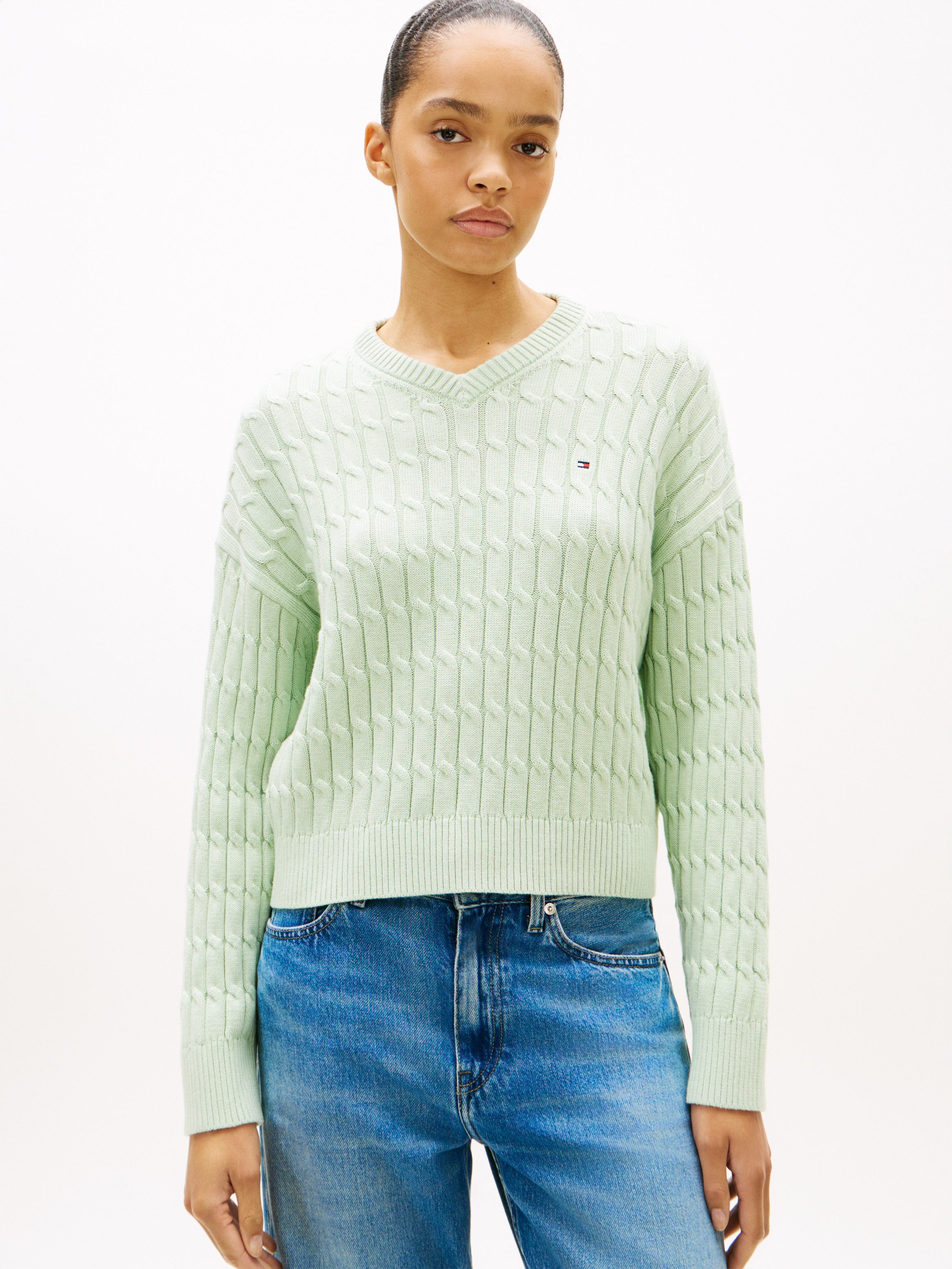 Tommy Hilfiger Strickpullover CO CABLE MID GG RLX LS V-NK SWT mit Zopfmuste günstig online kaufen