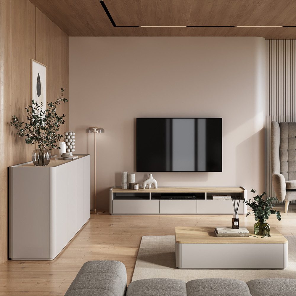 Lomadox Wohnzimmer-Set ELOY-141, (Mega-Spar-Set, 3-St., Sideboard Couchtisch Lowboard), Kaschmir beige Eiche Dekor grifflos modern Softclose