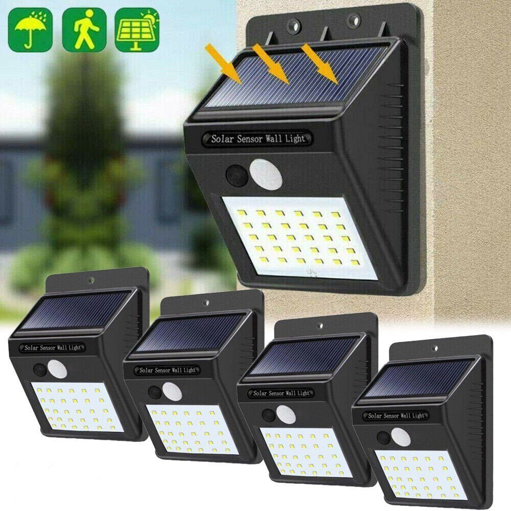 WILGOON LED Solarleuchte 4er LED Solarleuchte mit Bewegungsmelder, Außen Fluter Sensor Strahler, LED fest integriert, Außen Wasserdichte IP65 Solarlampe Sicherheitswandleuchte