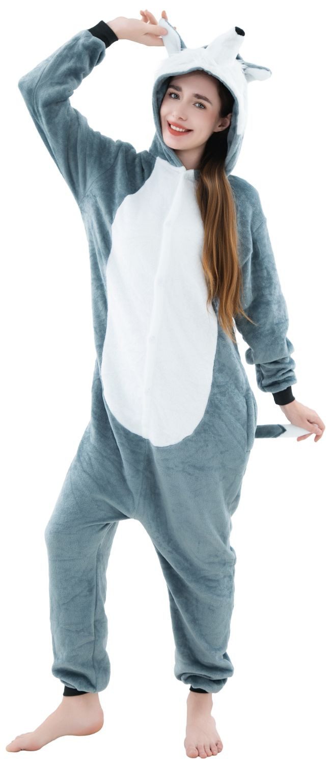 Corimori Partyanzug Onesie Ganzkörper Kostüm für Erwachsene, Wolf-Kostüm Damen Herren Karneval Tier-Kostüme Wolf grau,XL