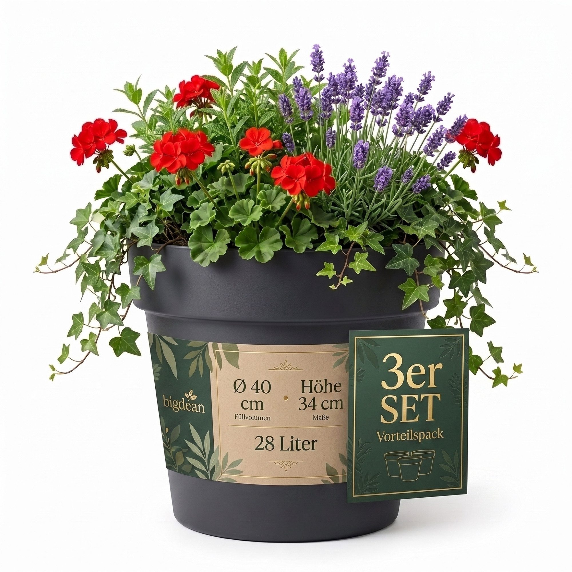 BigDean Blumentopf Pflanzkübel groß Anthrazit Classic mit integriertem Wasserspeicher (3 St), Wetterfester Kunststoff, Integrierter Zwischenboden – Bild 2 von 5
