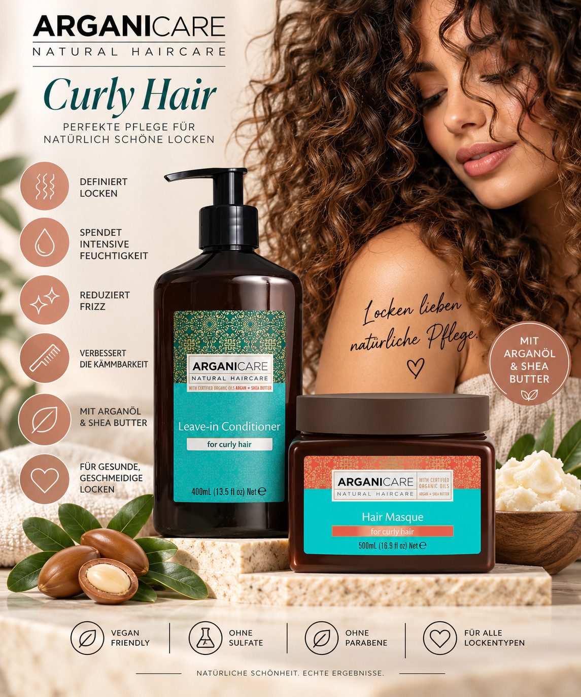 Arganicare Haarpflege-Set Curly Hair Pflege-Duo – Haarmaske & Leave-In, 2-tlg., intensive Lockenpflege