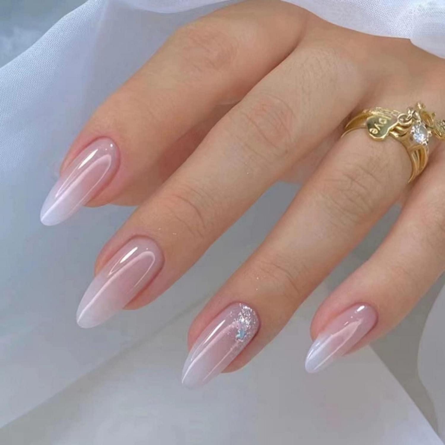 Kunstfingernägel 24 Glitzer Mandel Nägel Kurz Milchig Oval Press on Nails Fingernägel