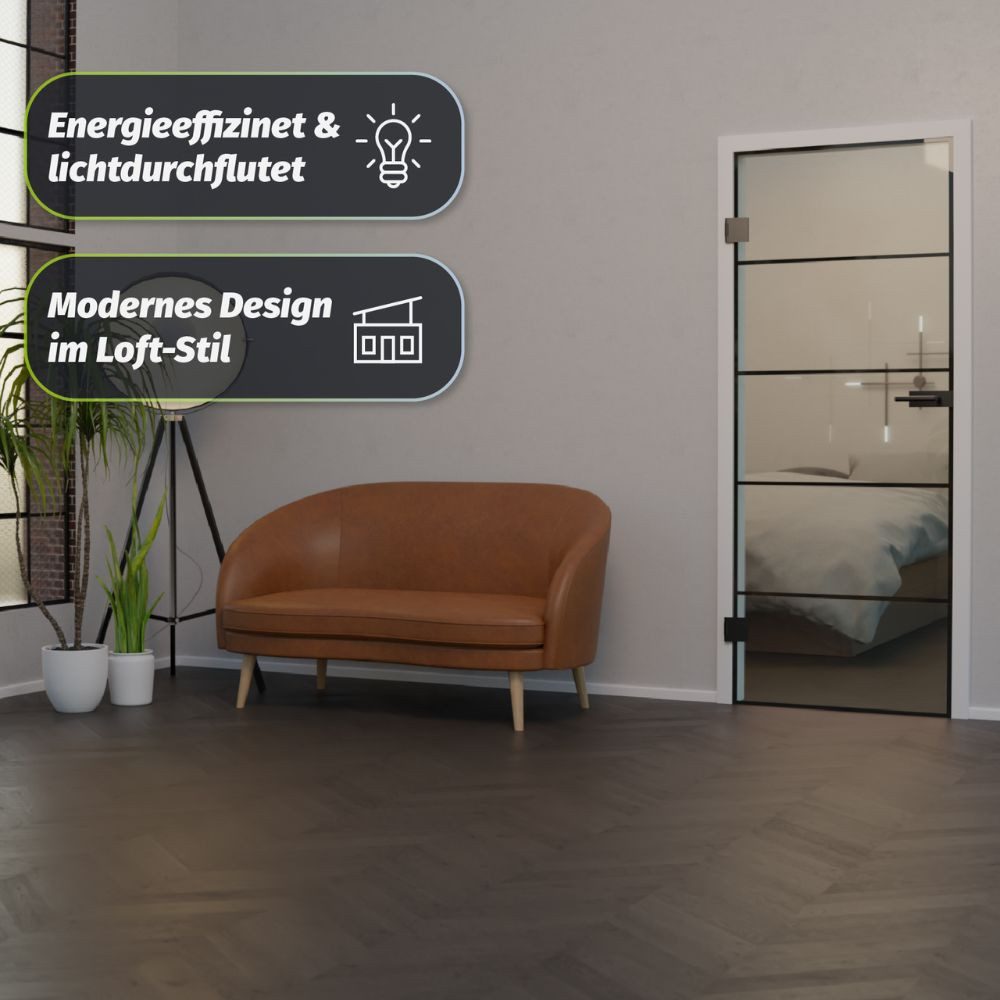 HORI Zimmertür Glastür aus ESG Glas Zimmertür Modernes Loft-Design in Schwarz, Thermisch behandeltes Glas, erhöhte Stoß- und Schlagfestigkeit