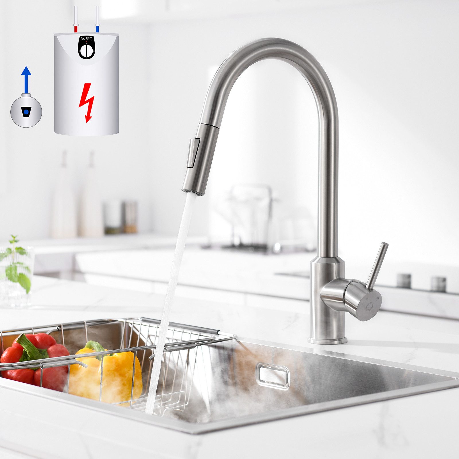CECIPA MAX Küchenarmatur Ausziehbarer Niederdruck Wasserhahn mit 2 Strahlarten 360° drehbare Spültischarmatur, Edelstahl Mischbatterie Küche