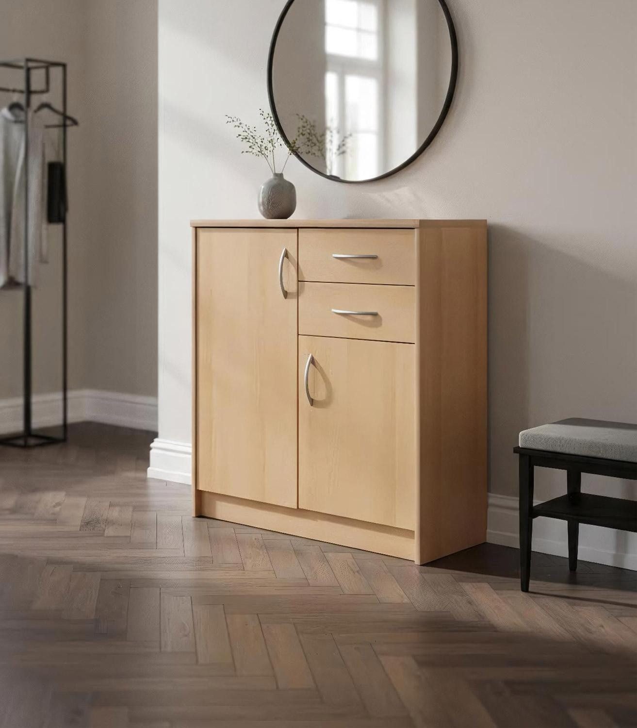 Kommode OPTIMUS, B 74 cm, H 86 cm, T 35 cm, 2 Türen, 2 Schubladen und 3 höhenverstellbaren Einlegeböden