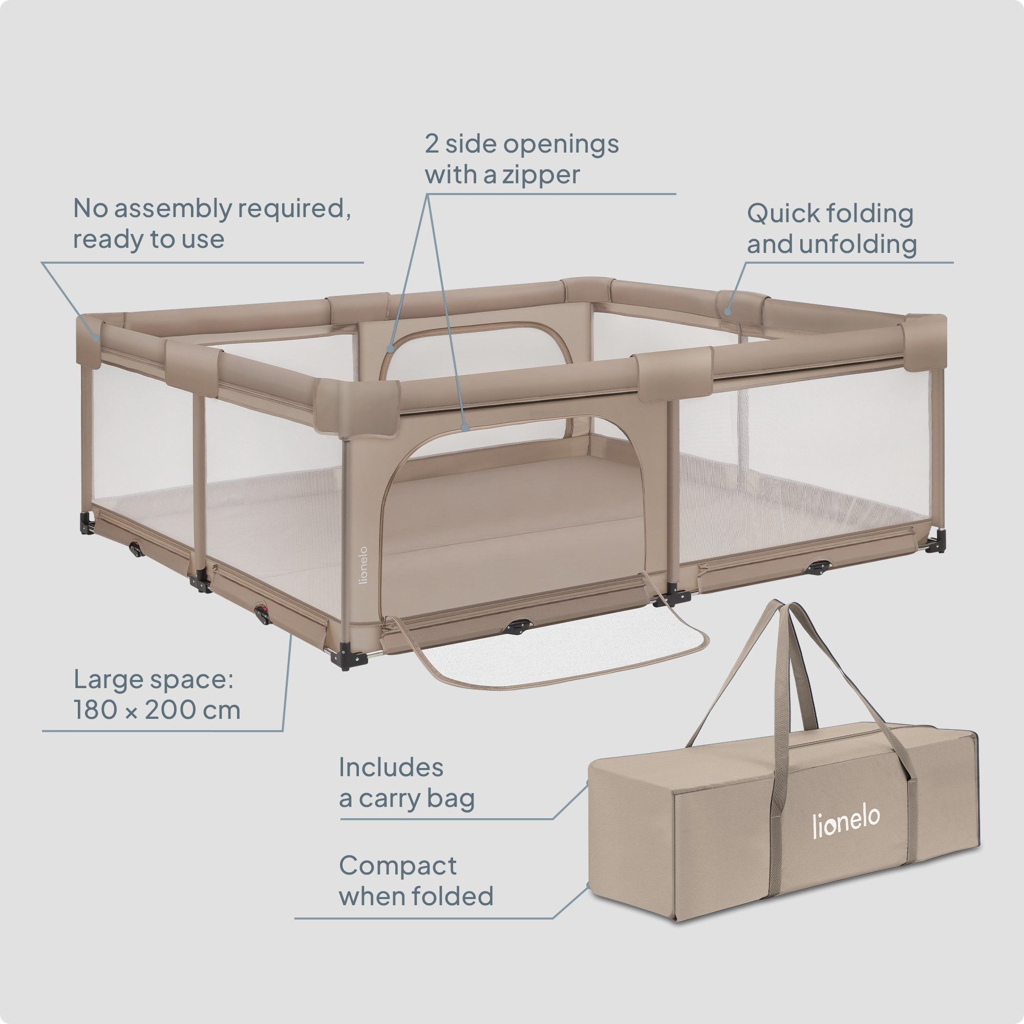 lionelo Laufgitter FLORENCE XL EASY FOLD (Set), EasyFold/180×200cm/keine Montage/2Eingänge/Netzseiten/Tasche