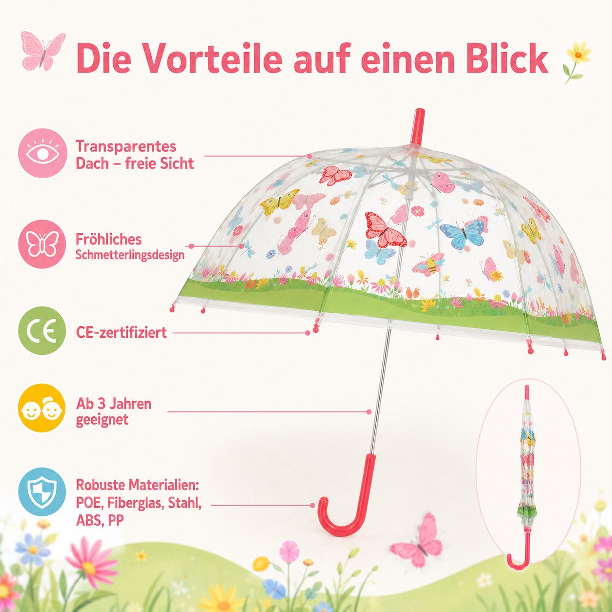 esschert design Langregenschirm Kinderschirm transparent mit Schmetterlingen für mehr Spaß