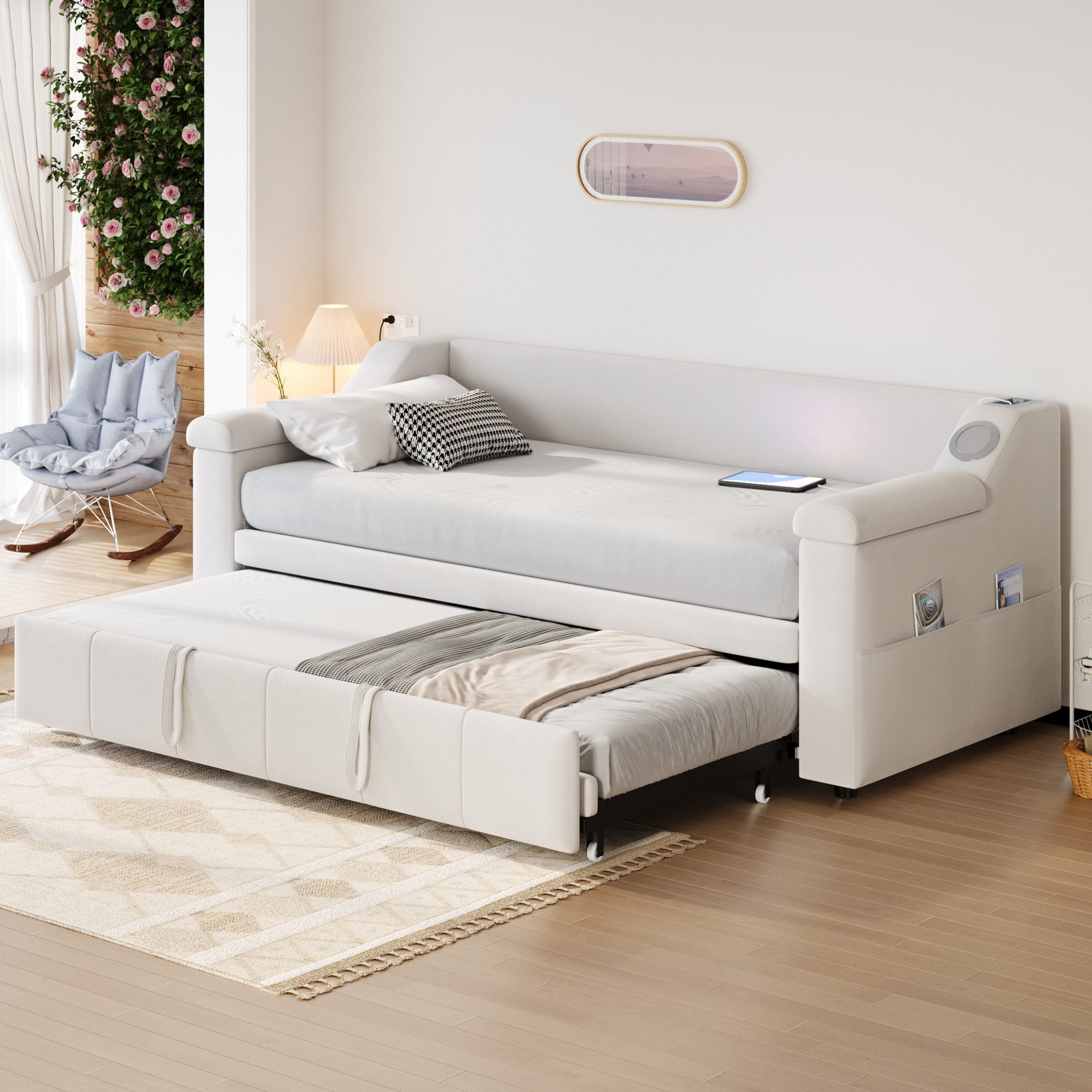 STILVORA Schlafsofa Polsterbett 90/180×190 mit Bluetooth&USB,Tagesbett mit Lattenrost,Samt, Bluetooth-Stereo & USB, mit Ablagefächern, ideal für Gästezimmer & Wohnzimmer, ohne Matratze