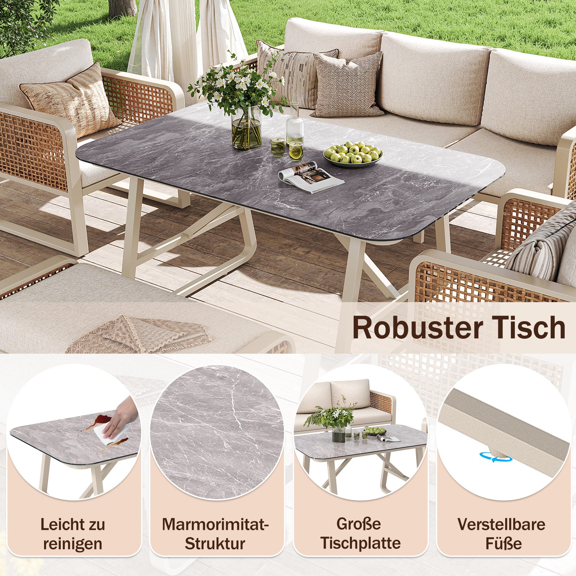 i@home Gartenlounge-Set, (5-tlg., PE-Rattan Sitzgruppe inkl. Beistelltisch), Gartenlounge-Set für 6-7 Personen, mit waschbaren Kissen, Beige