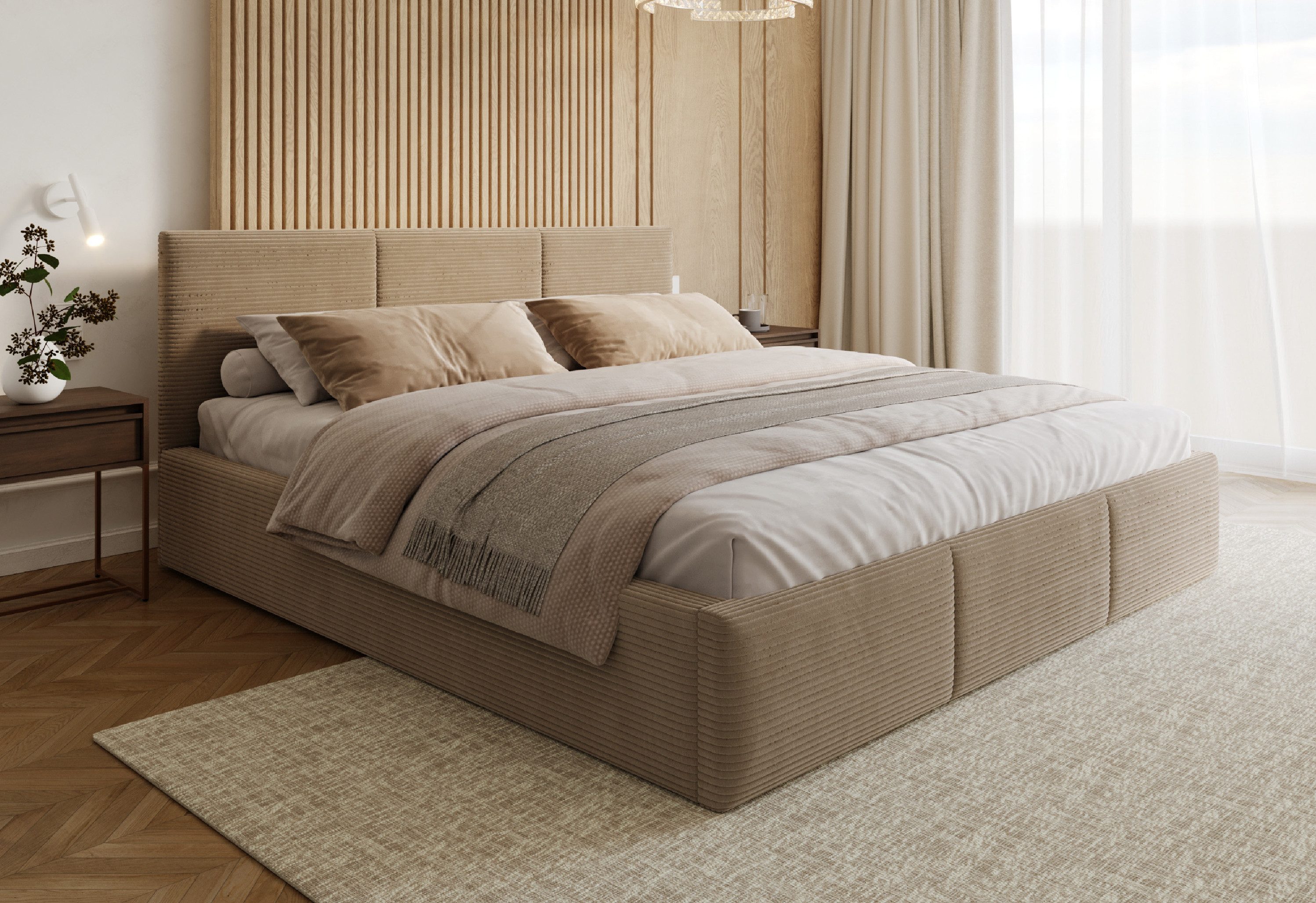 FDM Polsterbett AMBER modern mit Bettkasten MADE IN EU - mit Cord Bezug (verfügbar 90x200 120x200 140x200 160x200 180x200cm, Bettrahmen, Bett, mit großen gepolsterten Kopfteil, mit Bettkasten zum aufklappen), Hebbarer Metallrahmen, Bettkasten, mit/ohne Ma