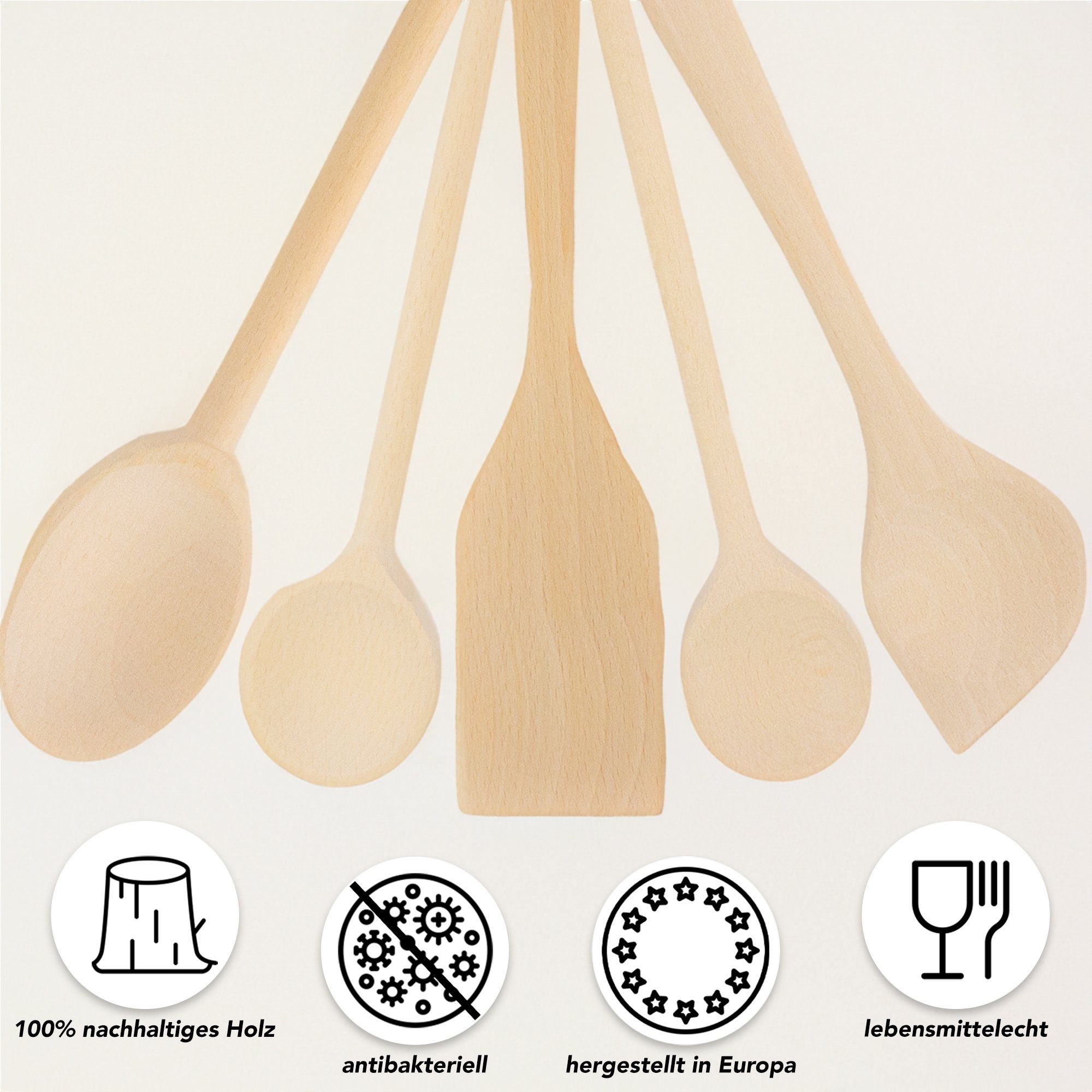 SOHFA Kochlöffel 5x Küchenutensilien aus Buchenholz, Pfannenwender Kochlöffel, pflegeleicht, lebensmittelecht, antibakterielle Wirkung