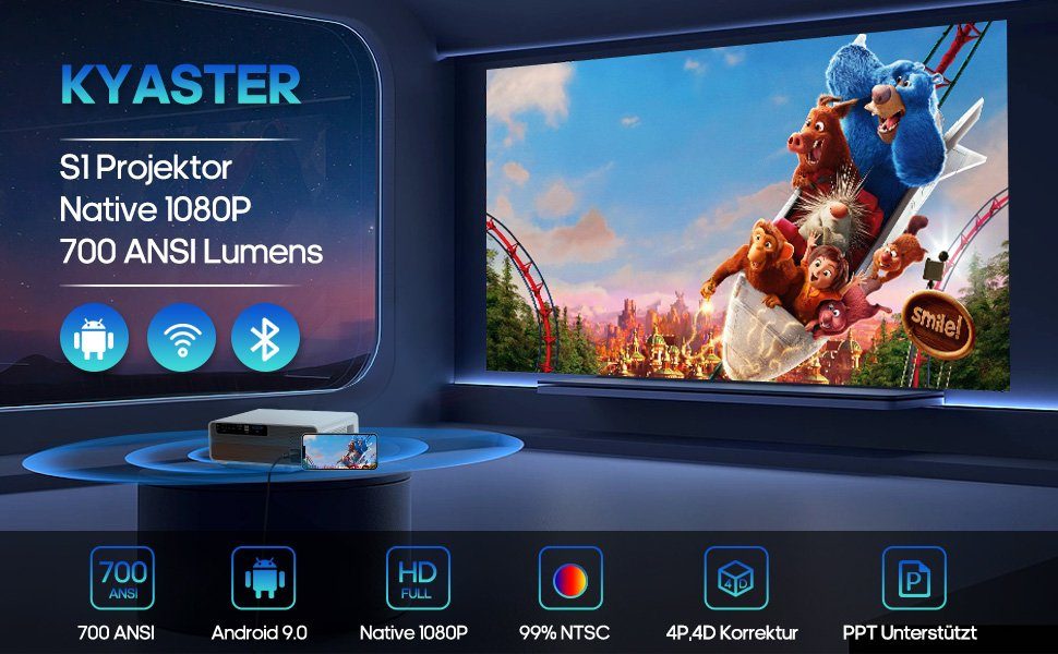 Projektor 5G 4K, KYASTER 700 1080p Android WLAN, Keystone-Korrektur) x 1080 (20000:1, 9.0, 1920 Lumen, Portabler Native px,