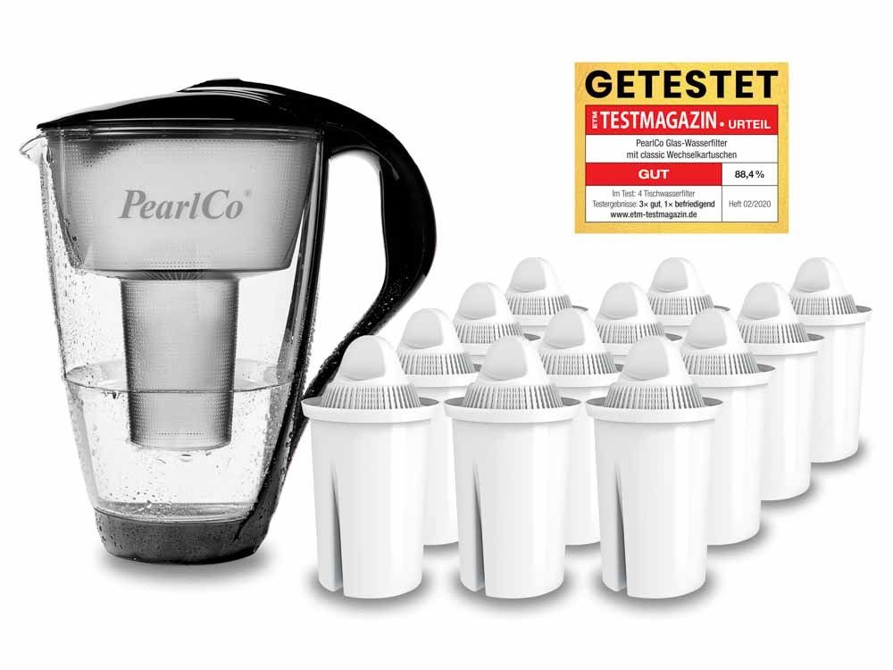 PearlCo Wasserfilter Glas Schwarz Inkl. 12 Universal Filterkartuschen, Zubehör für Brita Classic u. PearlCo Classic