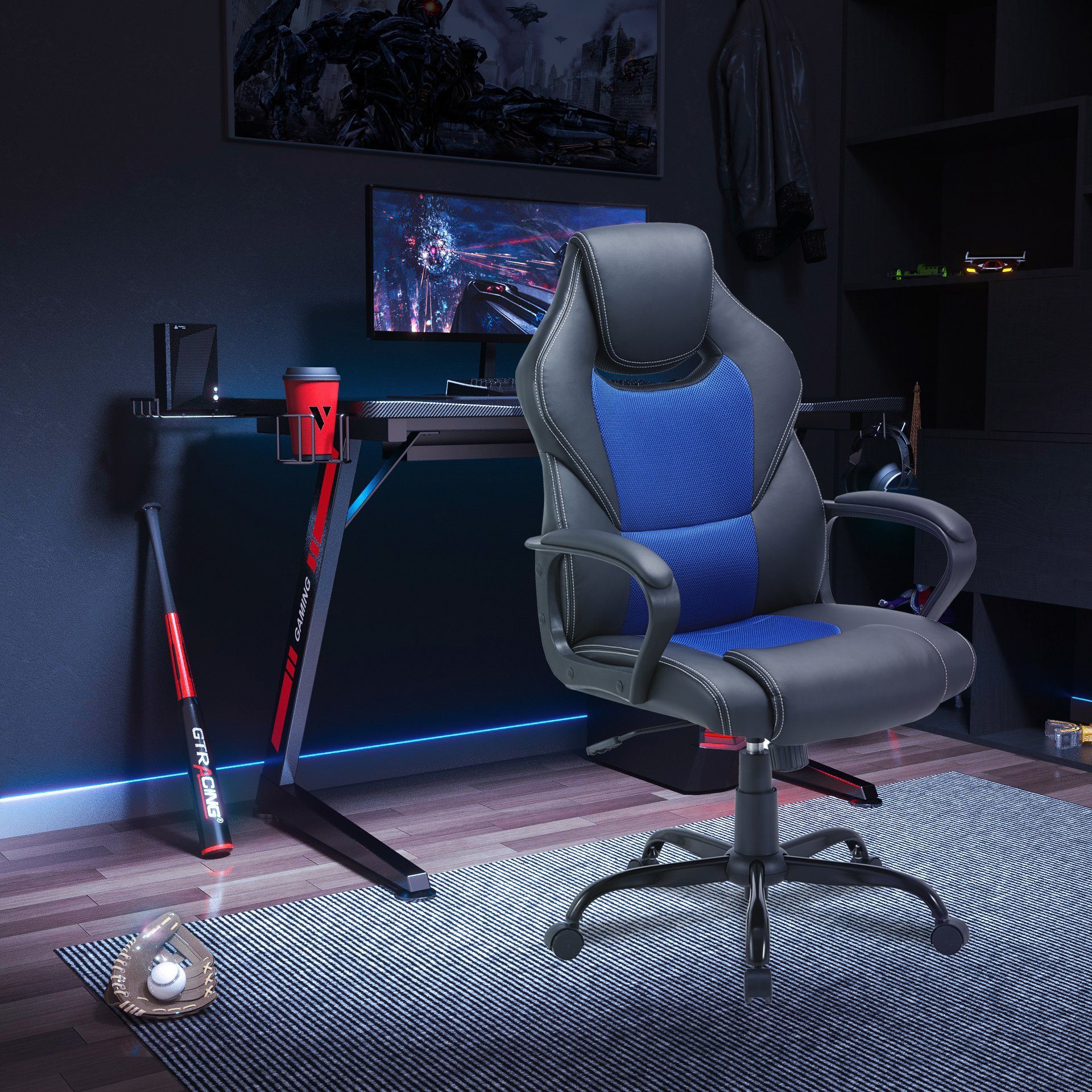 Zedelmaier Bürostuhl ergonomisch chefsessel bürostuhl, Gaming Stuhl Drehstuhl, mit Wippfunktion höhenverstellbar Schreibtischstuhl Schwarz und Blau