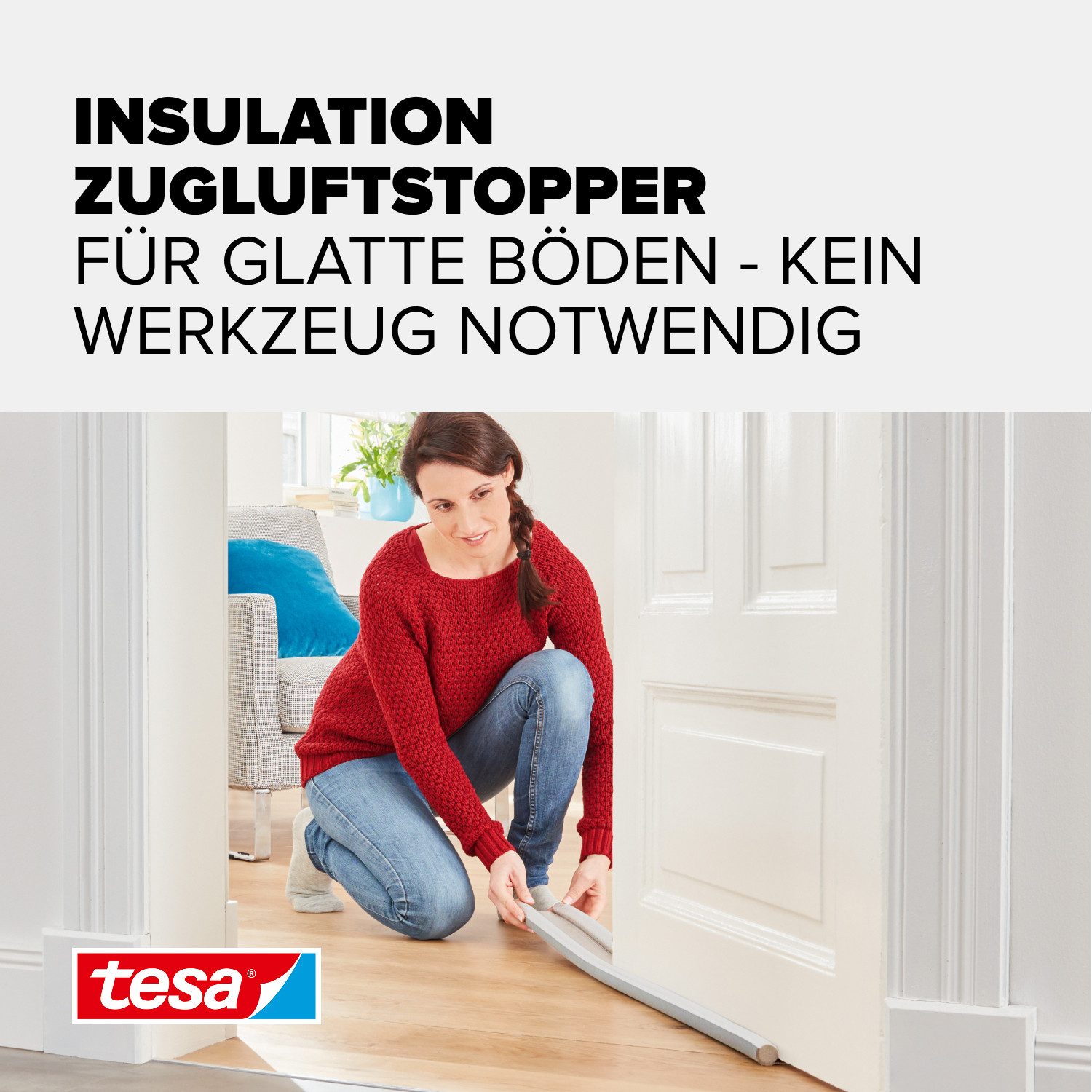 tesa Türbodendichtung INSULATION Zugluftstopper für glatte Böden, (Packung, 1-St., Türdichtung weiß - 95 cm x 25 mm, kürzbar), Zuschneidbare Türdichtung zum Schutz vor Zugluft