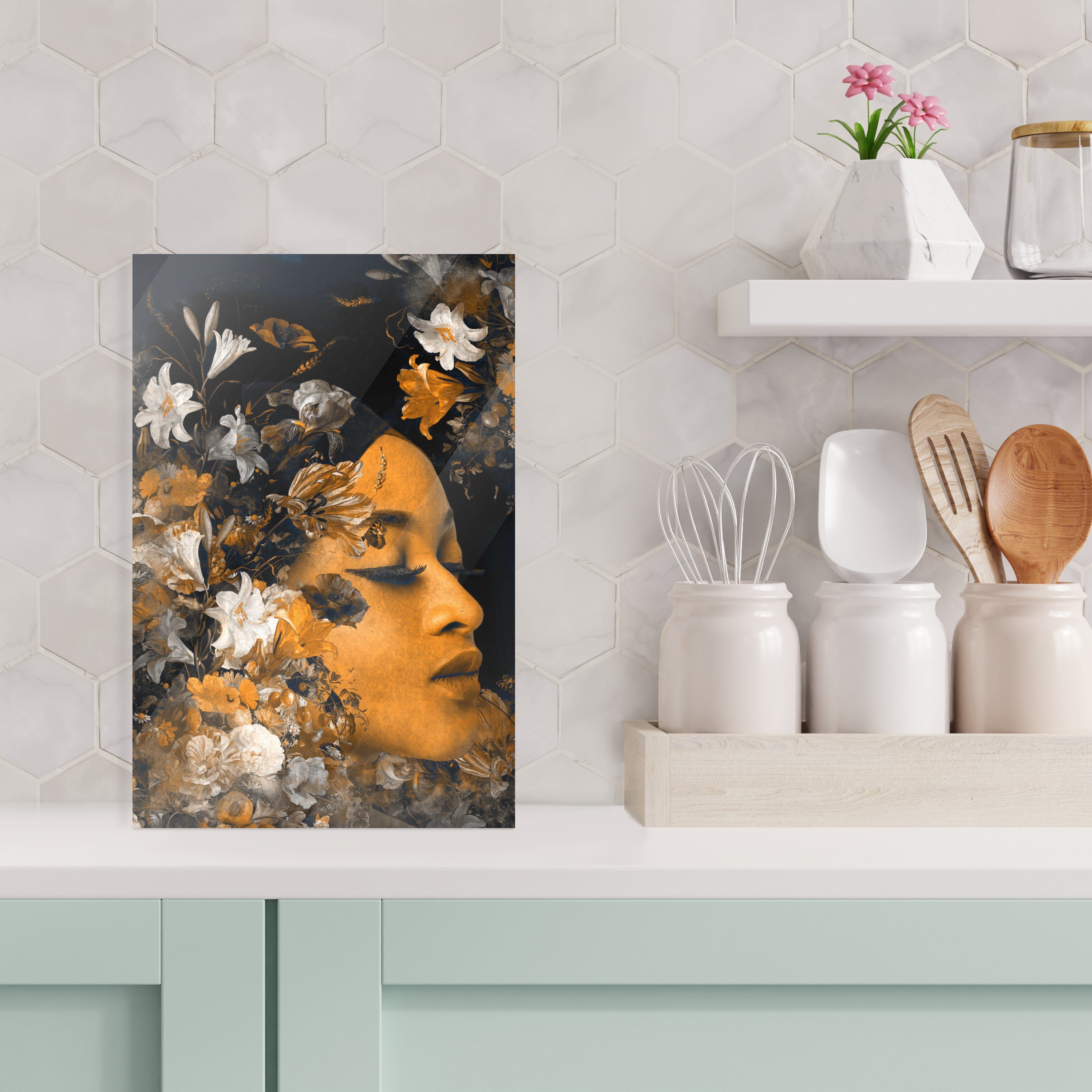 Gold, - Bilder - - Acrylglasbild - Glasbilder Wandbild Glas MuchoWow Glas St), auf - Foto Frauen auf Wanddekoration Blume (1