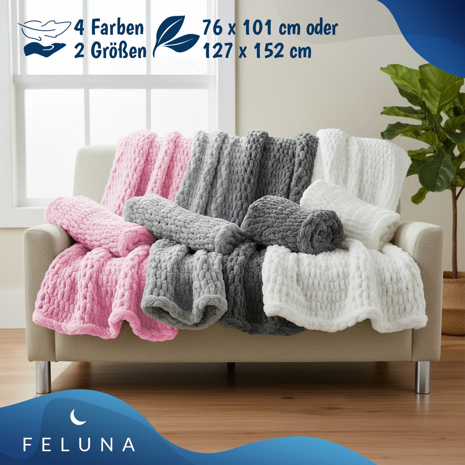 Wohndecke Grobmaschige Wohlfühldecke, Feluna, Flauschige Kuscheldecke Grobstrick Tagesdecke – Bild 5 von 5