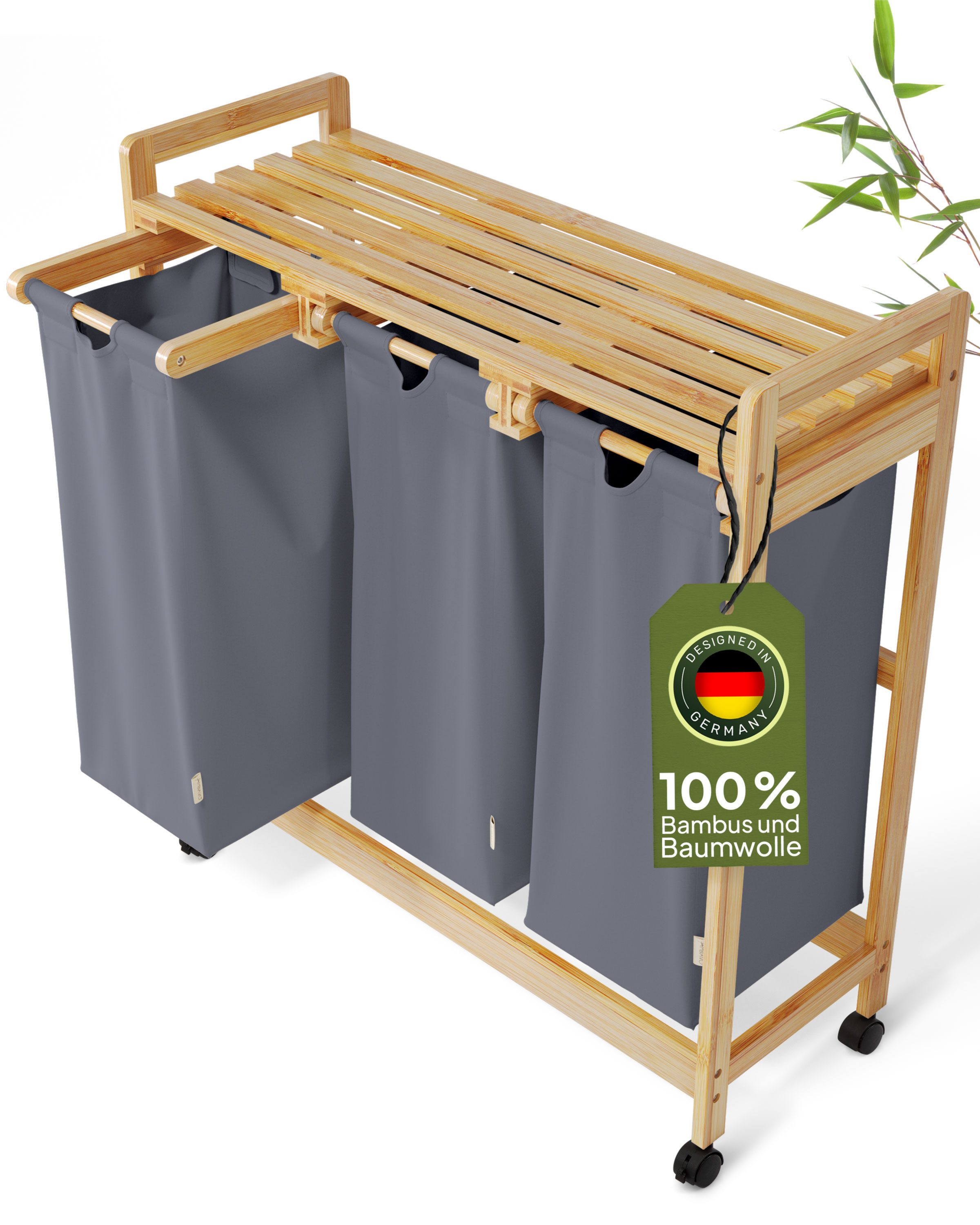 AMBIAVO Wäschekorb 3 Fächer aus Bambus und Baumwolle, mit Ablage günstig online kaufen