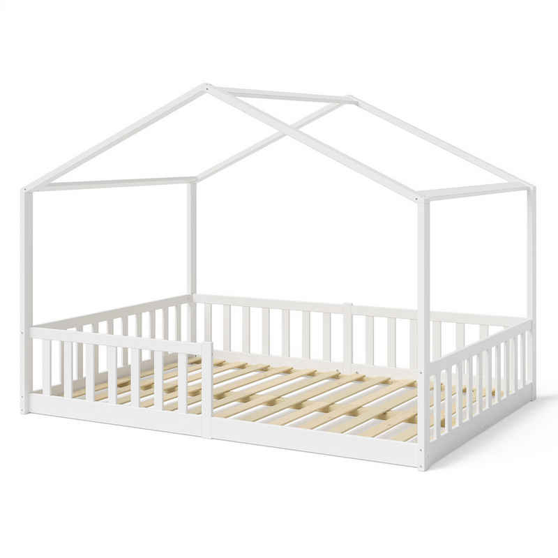 Bellabino Hausbett Bia (weiß, 140x200 cm, Bodenbett mit Rolllattenrost und Rausfallschutz), bodentiefes Kinderbett 140x200 cm