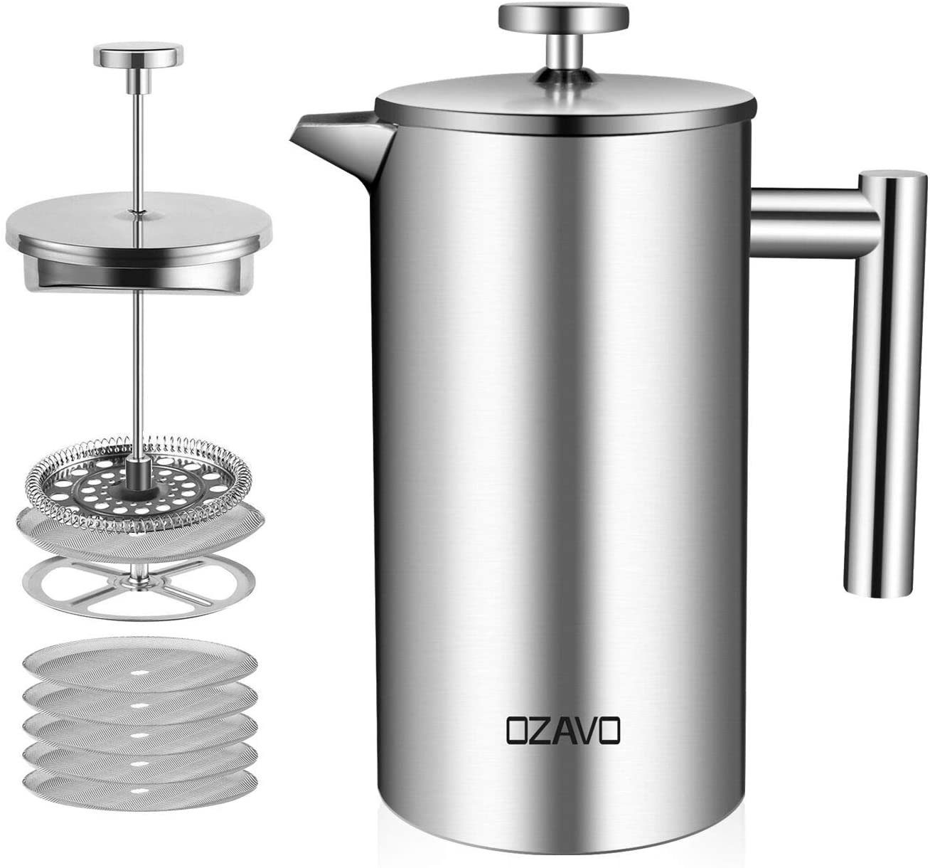 OZAVO Kaffeebereiter, 6 Edelstahl-Filter Φ9.5cm, Kaffeekanne 1L Doppelwandig French Press System Edelstahl Kaffepresse