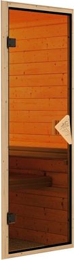 welltime Sauna Artja, BxTxH: 216 x 234 x 198 cm, 68 mm, (Set) naturbelassen mit Ofen 9 kW Bio ext. Steuerung