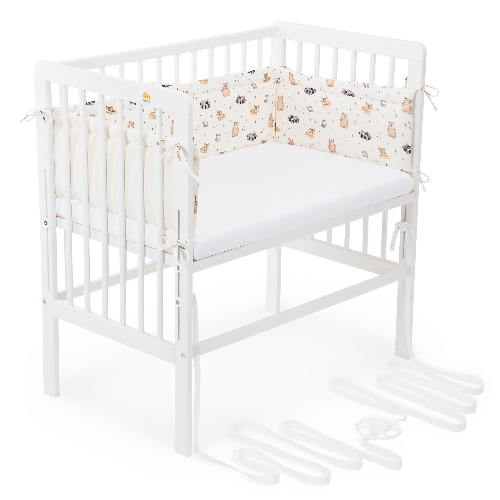 FabiMax Beistellbett Babybett Boxspring weiß lackiert, 90 x 55 cm Liegefläche, aus Buchenholz, Stufenlos höhenverstellbar 40-73 cm, Holz-Lattenrost