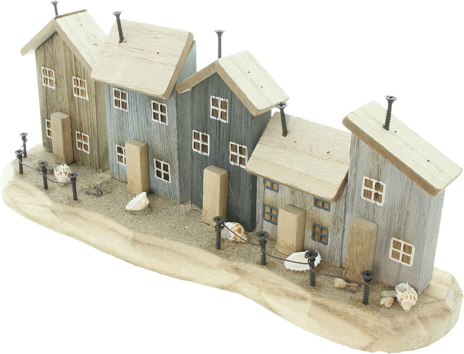 Dekoleidenschaft Dekofigur "Strandpromenade" aus Holz, Häuser mit Muscheln, Steinen und Sand, maritme Sommerdeko, Dekoobjekt, Holzdeko, Holzhäuschen, Haus, Häuser