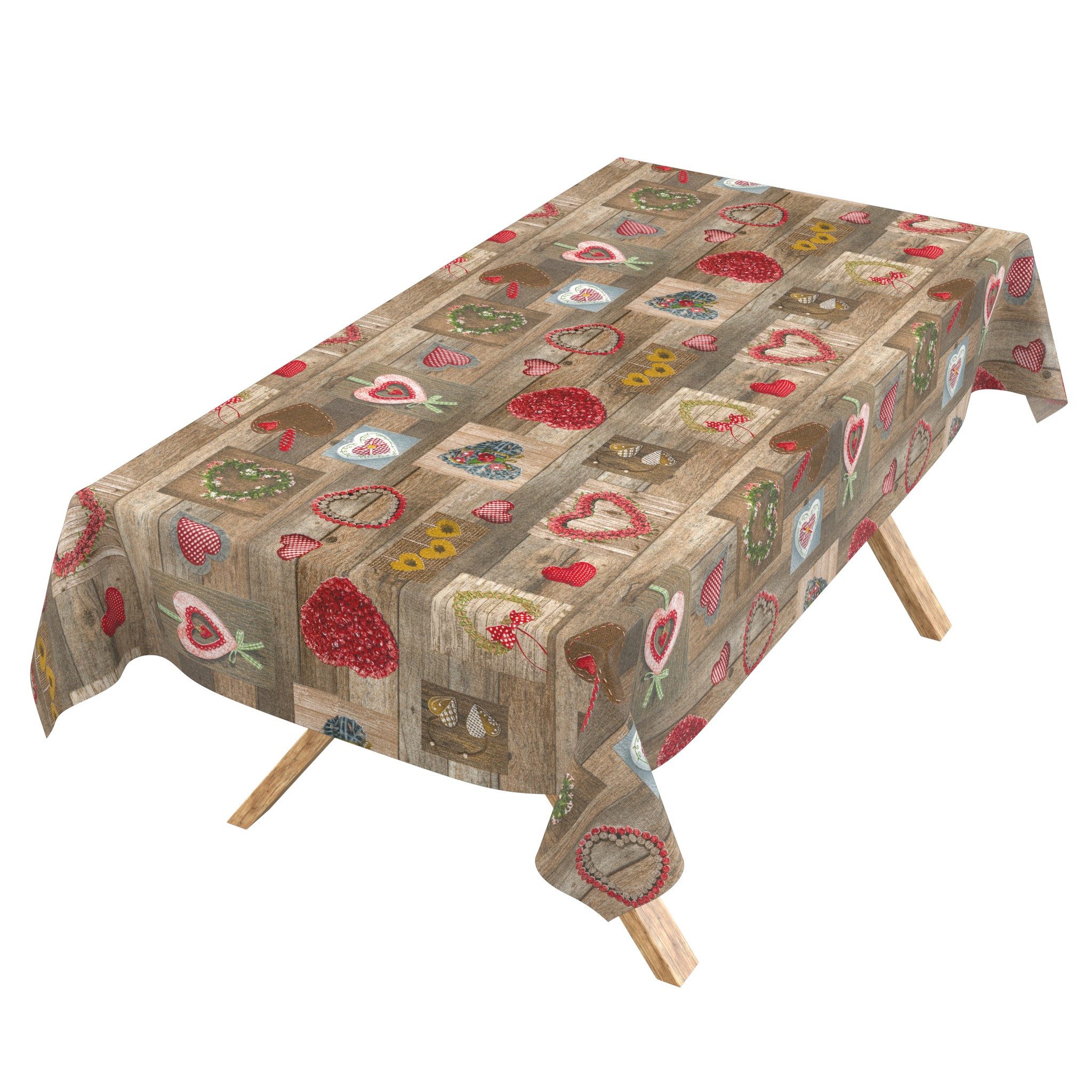 ANRO Tischdecke abwaschbar Baumwolloptik Trachtenherzen Braun wetterfest (Einzelstück 1-tlg, eine Tischdecke), Stofftischdecke schmutzabweisend 100x140cm Trachtenherzen Braun