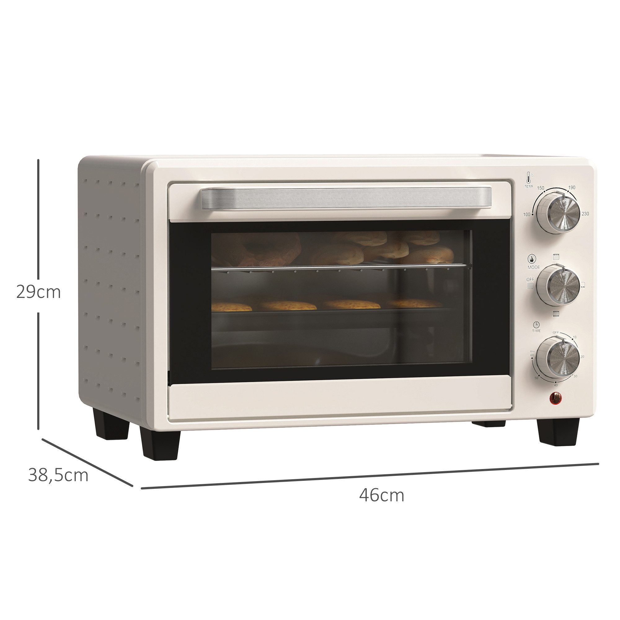 HOMCOM Minibackofen Backofen 10 L 750W 100-230℃ mit Backblech Pizza-Ofen, zum Grillen, Backen, Toasten, Cremeweiß