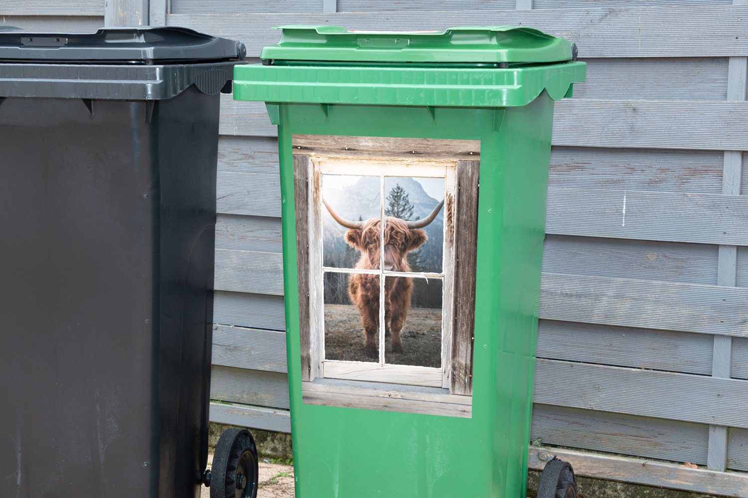 St), (1 Kuh MuchoWow Wandsticker Mülleimer-aufkleber, - - Container, Schottischer Ansicht Highlander Sticker, Mülltonne, Abfalbehälter