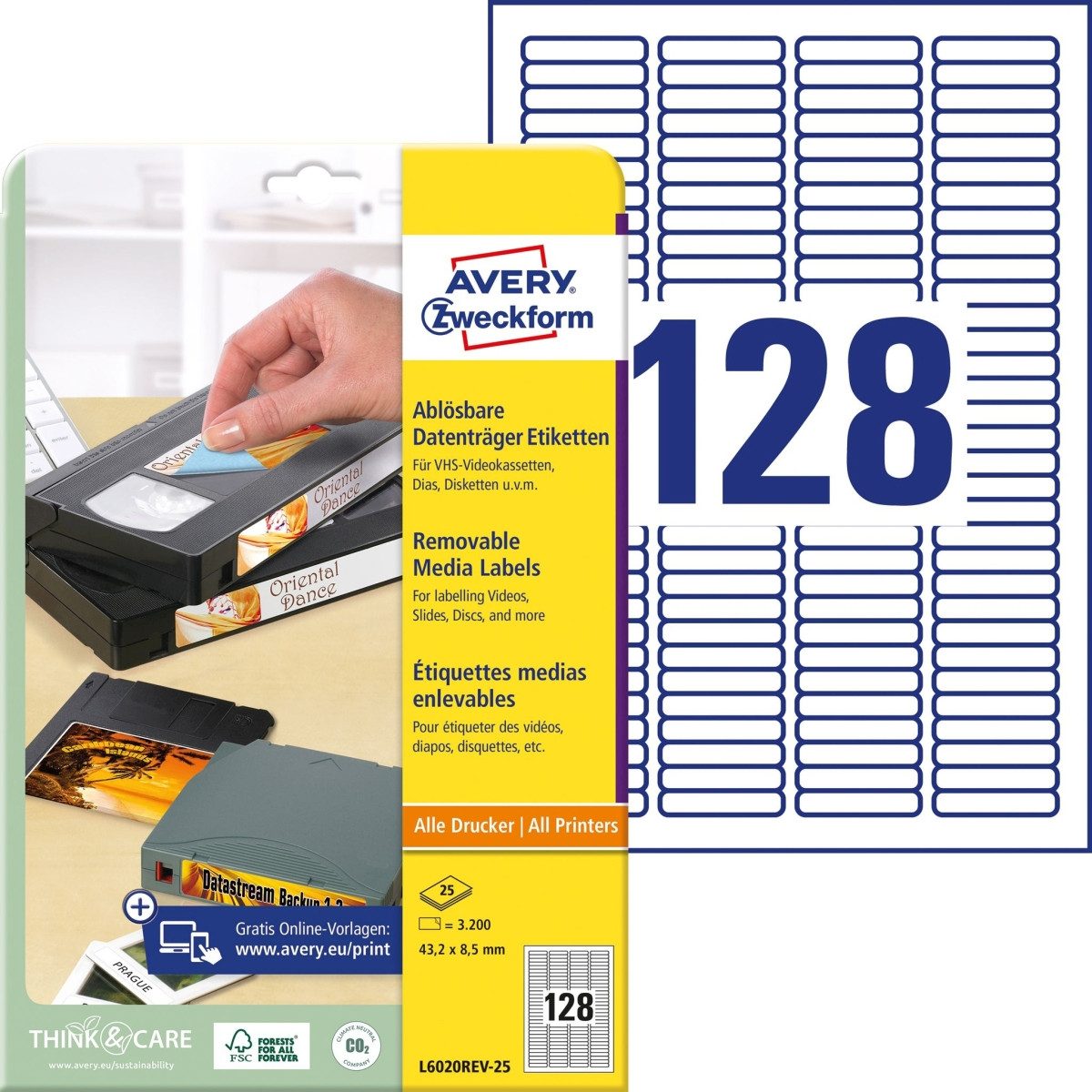 Avery Zweckform Etiketten Etiketten Inkjet/Laser/Kopier 43.2x8.5mm VE=3200 Stück weiß (30 Stück)