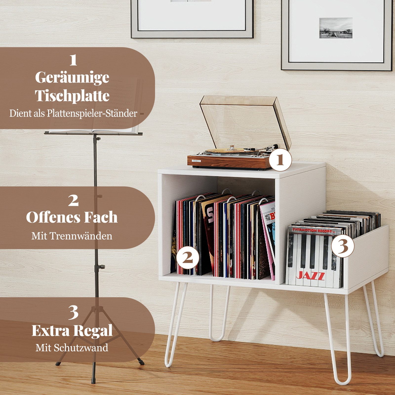 COSTWAY Beistelltisch, mit Ladestation, Plattenspielerständer mit Trennwänd günstig online kaufen