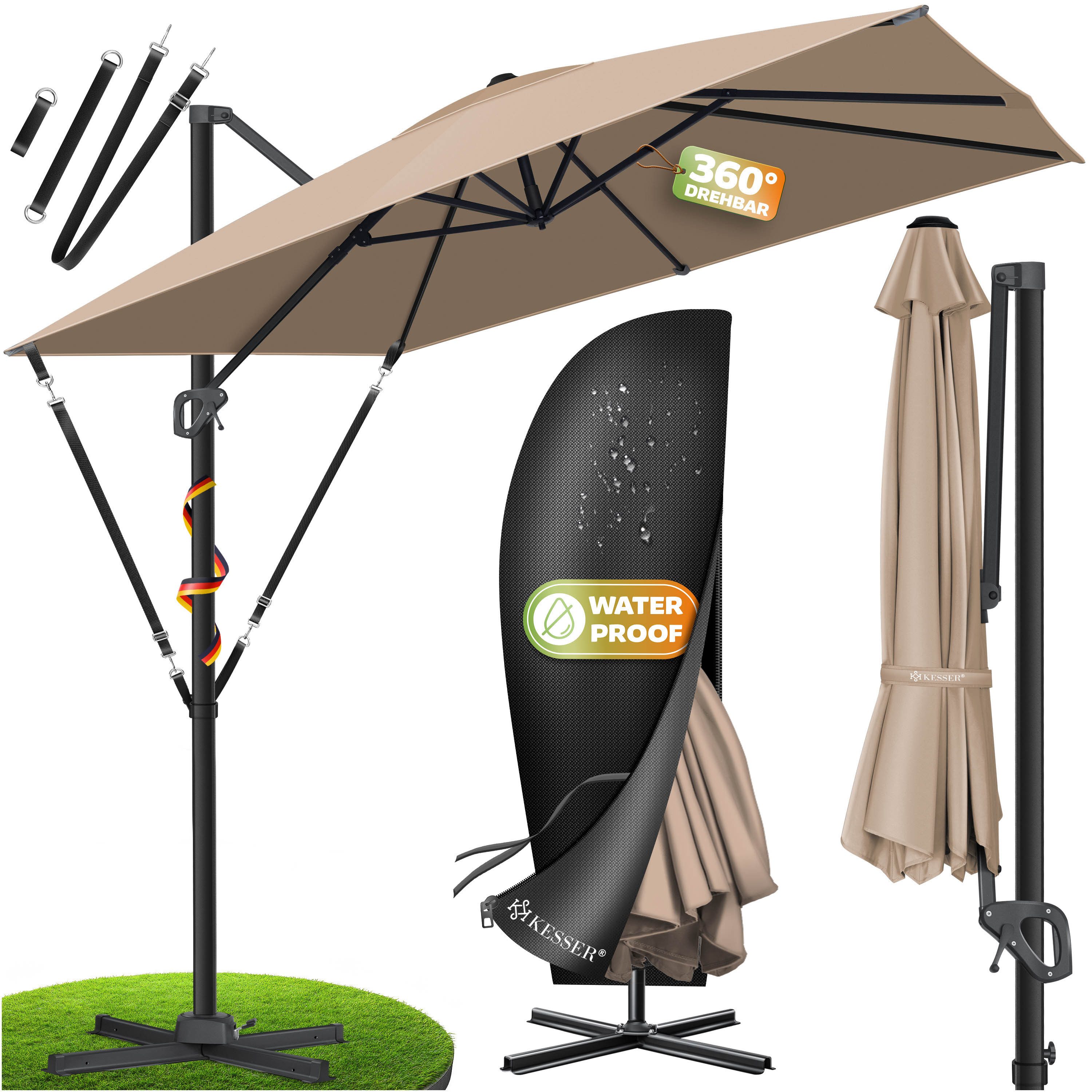 KESSER Ampelschirm, Sonnenschirm SUN XL 300 300 cm Inkl. Abdeckung 360° Drehbar & Neigbar