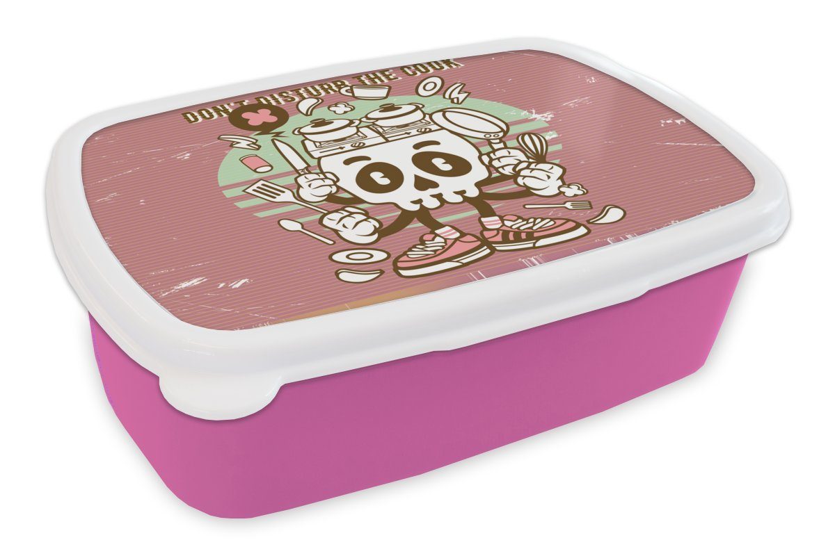 MuchoWow Lunchbox Totenkopf - Küchenutensilien - Retro, Kunststoff, (2-tlg), Brotbox für Erwachsene, Brotdose Kinder, Snackbox, Mädchen, Kunststoff rosa