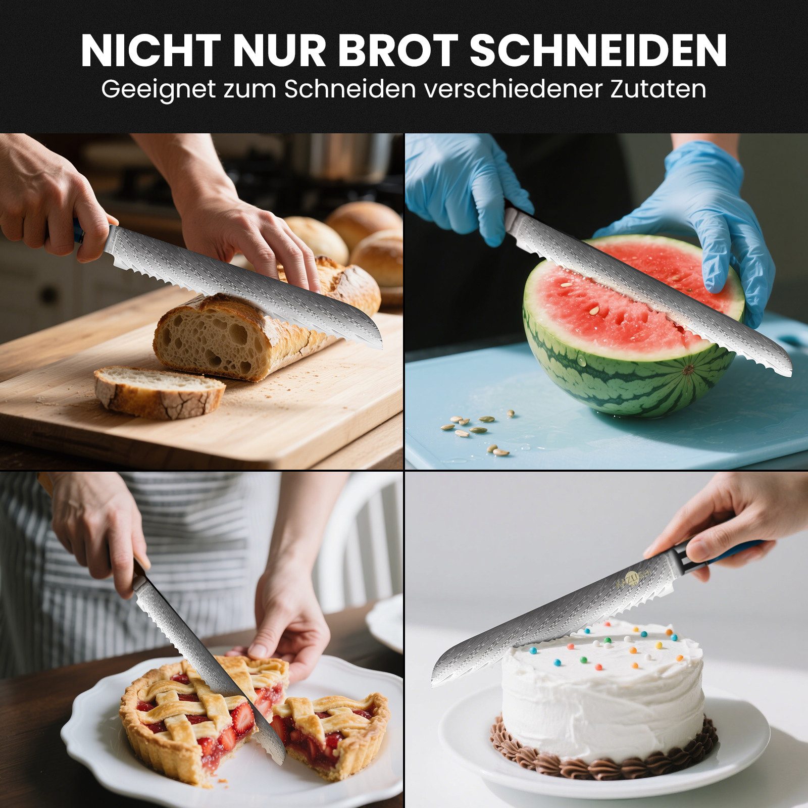 KAZUSHI Brotmesser 8 Zoll Kochmesser, Lebensmittelqualität Edelstahl, mit Wellenschliff, ergonomischer Griff – Bild 4 von 5