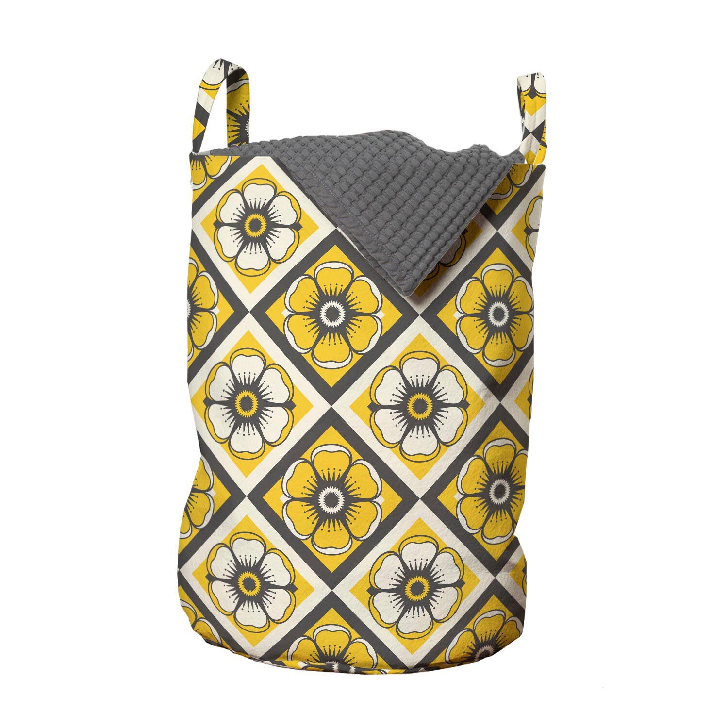Abakuhaus Wäschesäckchen Wäschekorb mit Griffen Kordelzugverschluss für Waschsalons, Frühling Gelbe Fliese Blumen