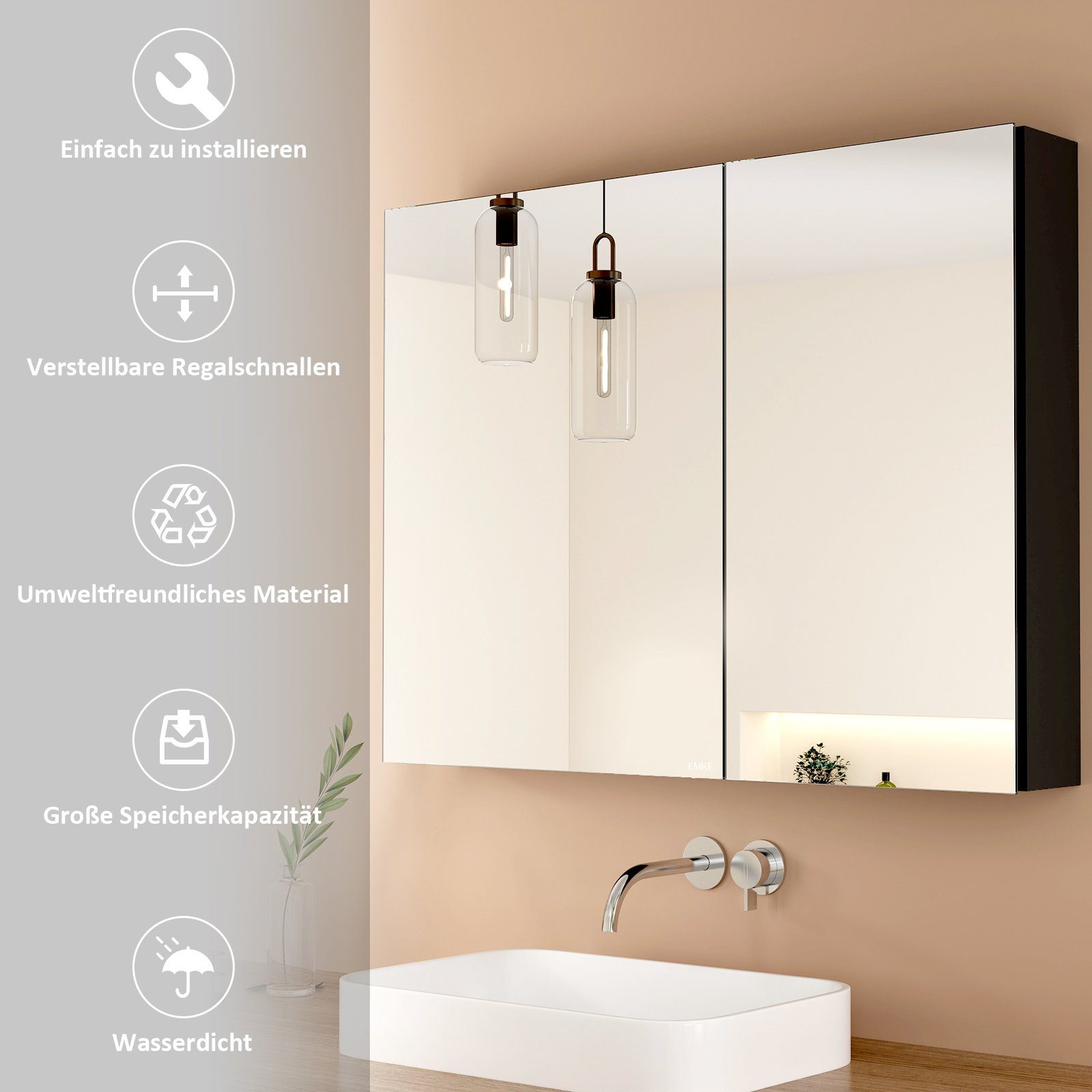EMKE Spiegelschrank bad 75×65 /85×65cm 2-türig Badspiegelschrank Verstellbare Glasregale mit Stauraum und verstellbaren Regalen Badezimmerspiegelschrank