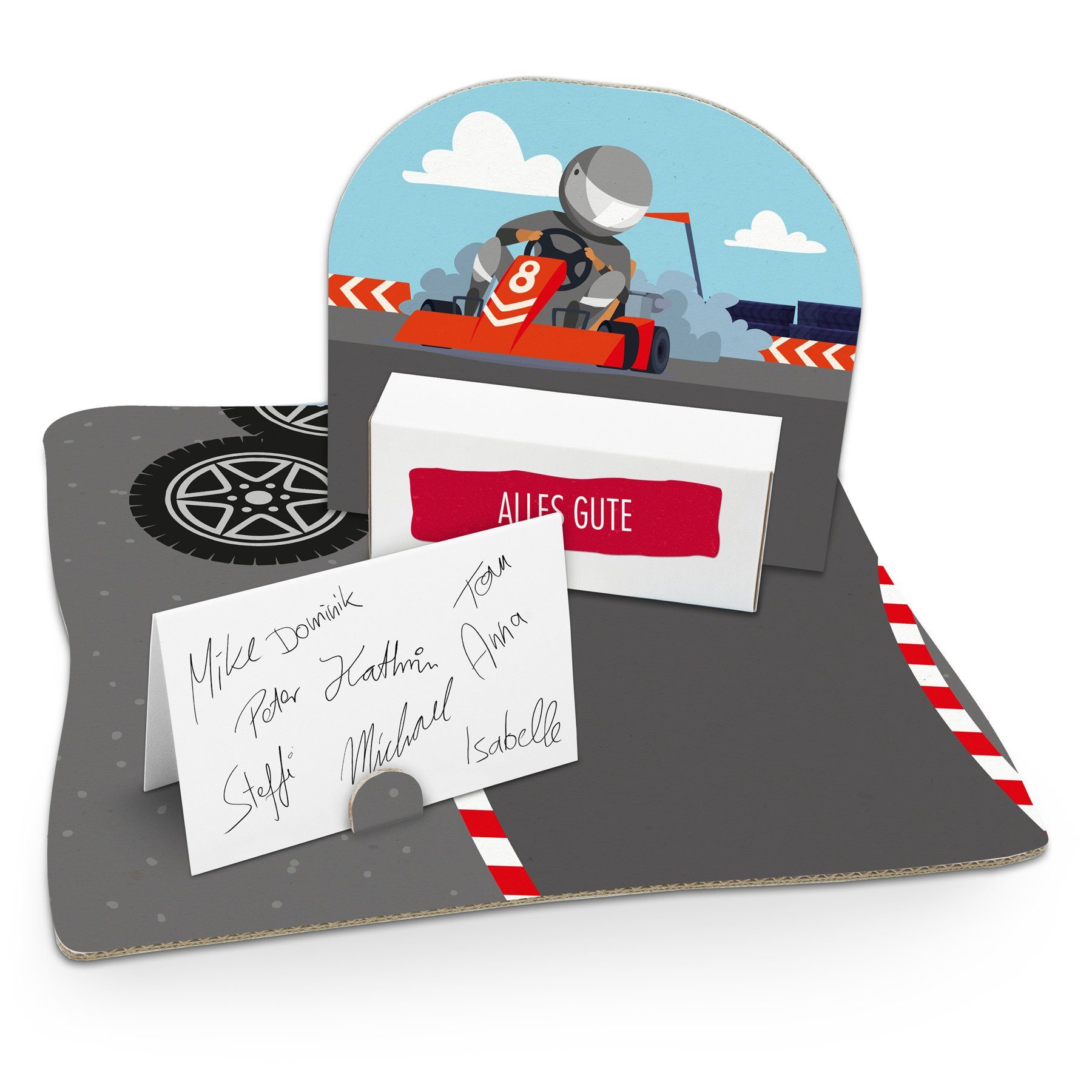 Grußkarten itenga Geldgeschenkverpackung Kartfahrer (Motiv 99) mit Bodenplatte, K