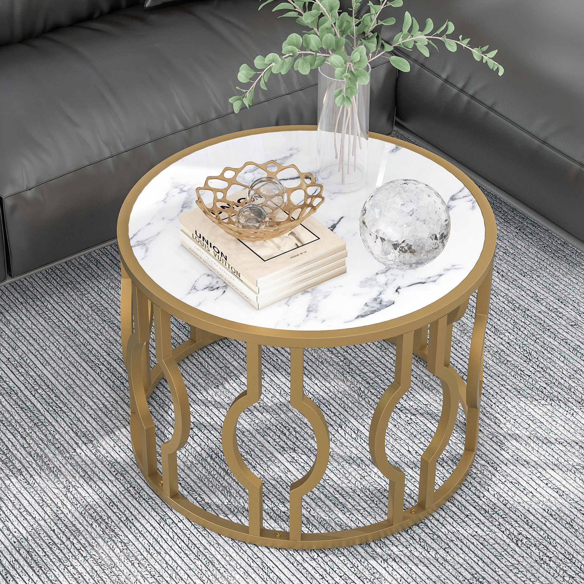 BlingBin Couchtisch Wohnzimmertisch Sofatisch Rund Tisch Wohnzimmer  Beistelltisch (Goldener Metallrahmen, goldene Kürbisbeine, weiße  Marmoroberfläche), Durchmesser 70 x Höhe 46,5 cm.