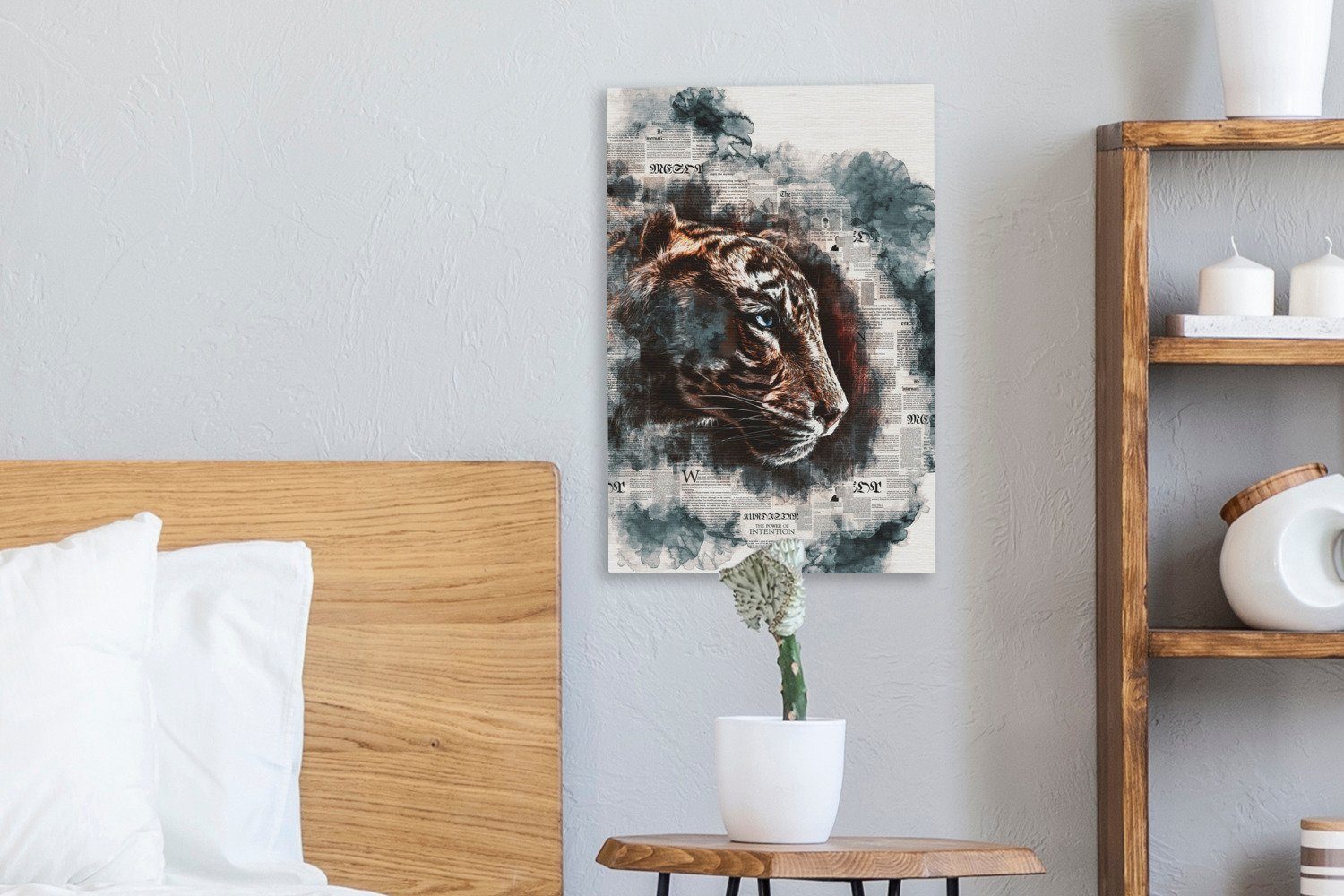 OneMillionCanvasses® Leinwandbild Tiger - Streifen, 20x30 St), inkl. Leinwandbild Zeitungen (1 Zackenaufhänger, fertig bespannt cm Gemälde, 