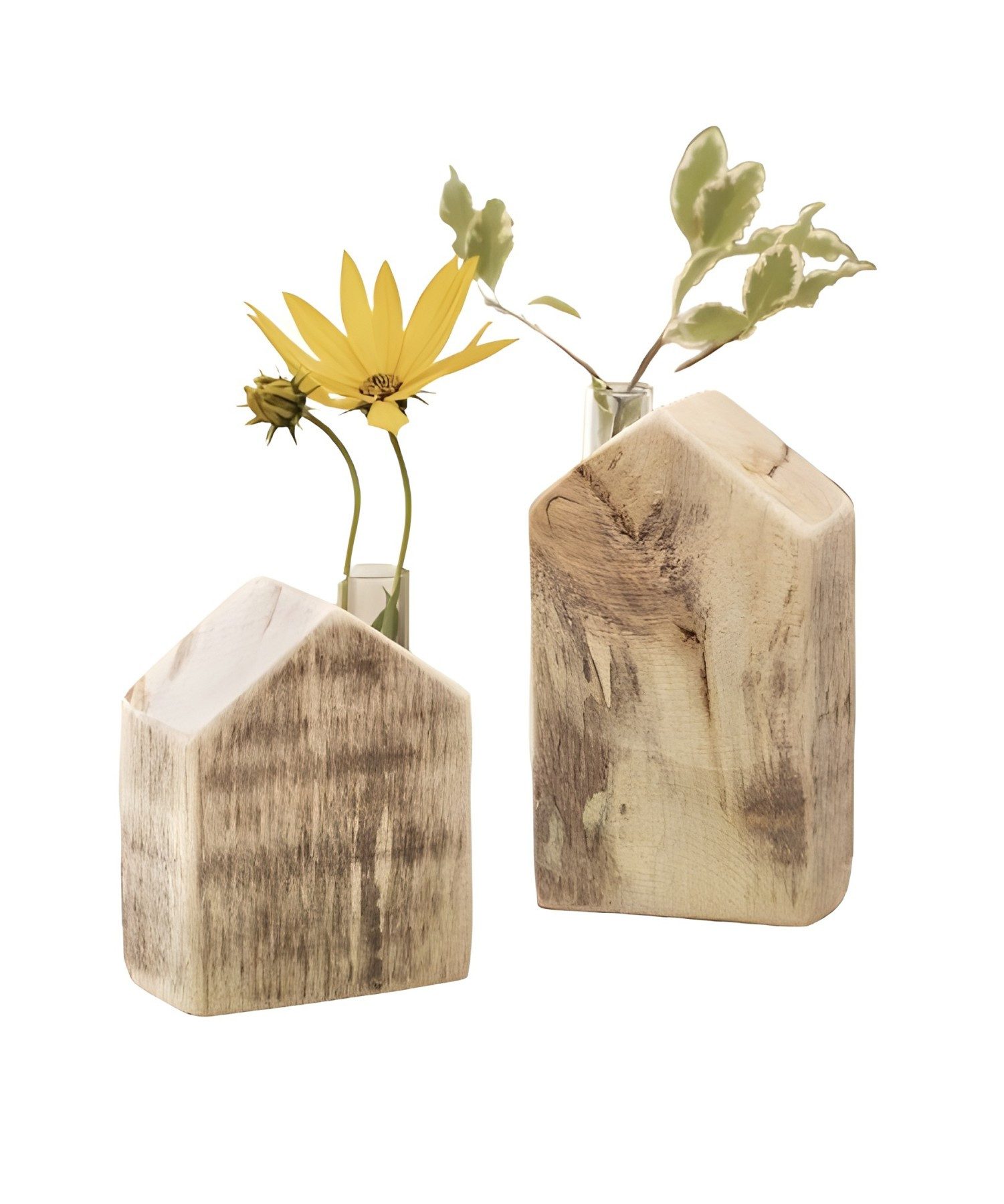 Dekoleidenschaft Tischvase "Häuschen" aus Holz geflammt, Vase mit Reagenzglas für einzelne Blumen (2 St., im Set), Blumenvase, Reagenzglasständer Haus, Vasenset, Glasvase, Vasenhalter