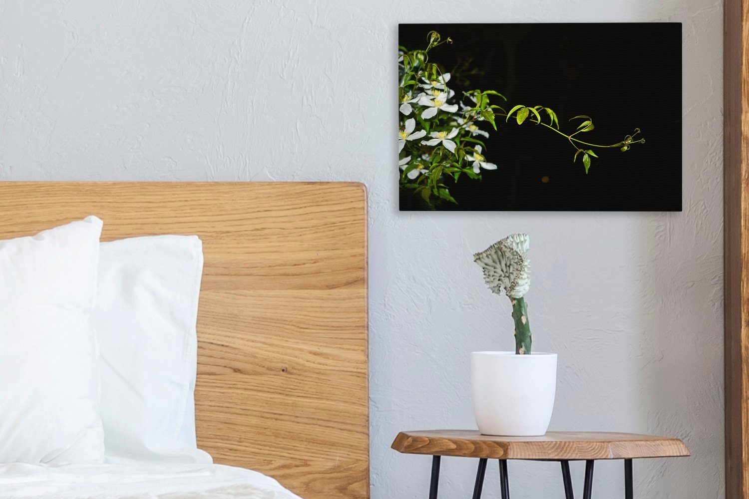 Clematis OneMillionCanvasses® St), auf Aufhängefertig, Ein Wandbild Leinwandbild Zweig schwarzem Hintergrund, (1 cm kriechender Leinwandbilder, 30x20 weißen Wanddeko, einer