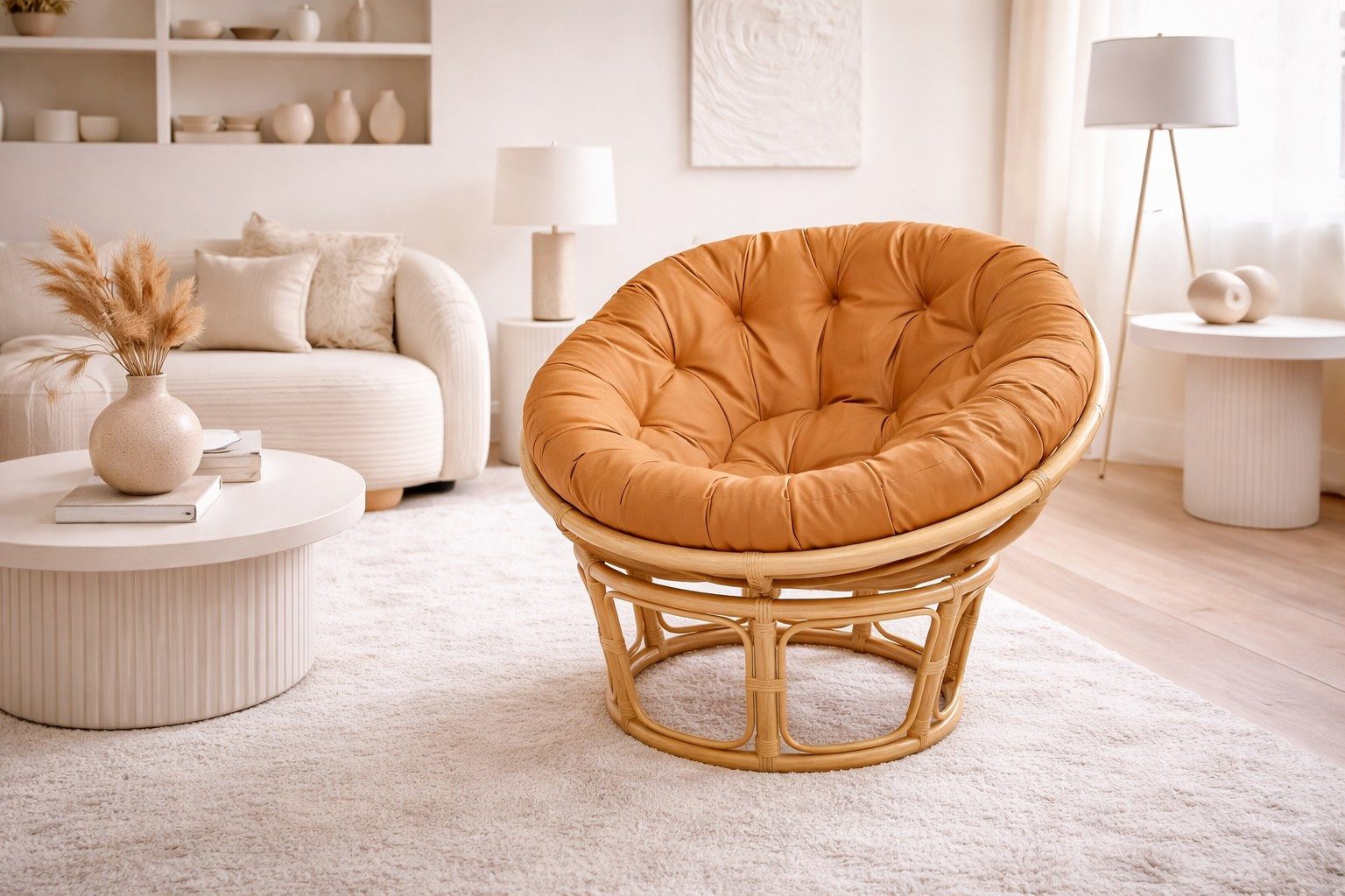 moebel-direkt-online Loungesessel Rattansessel / Papasansessel – handgeflochten, beige, Ø 100 cm (Sessel inklusive Kissenauflage)