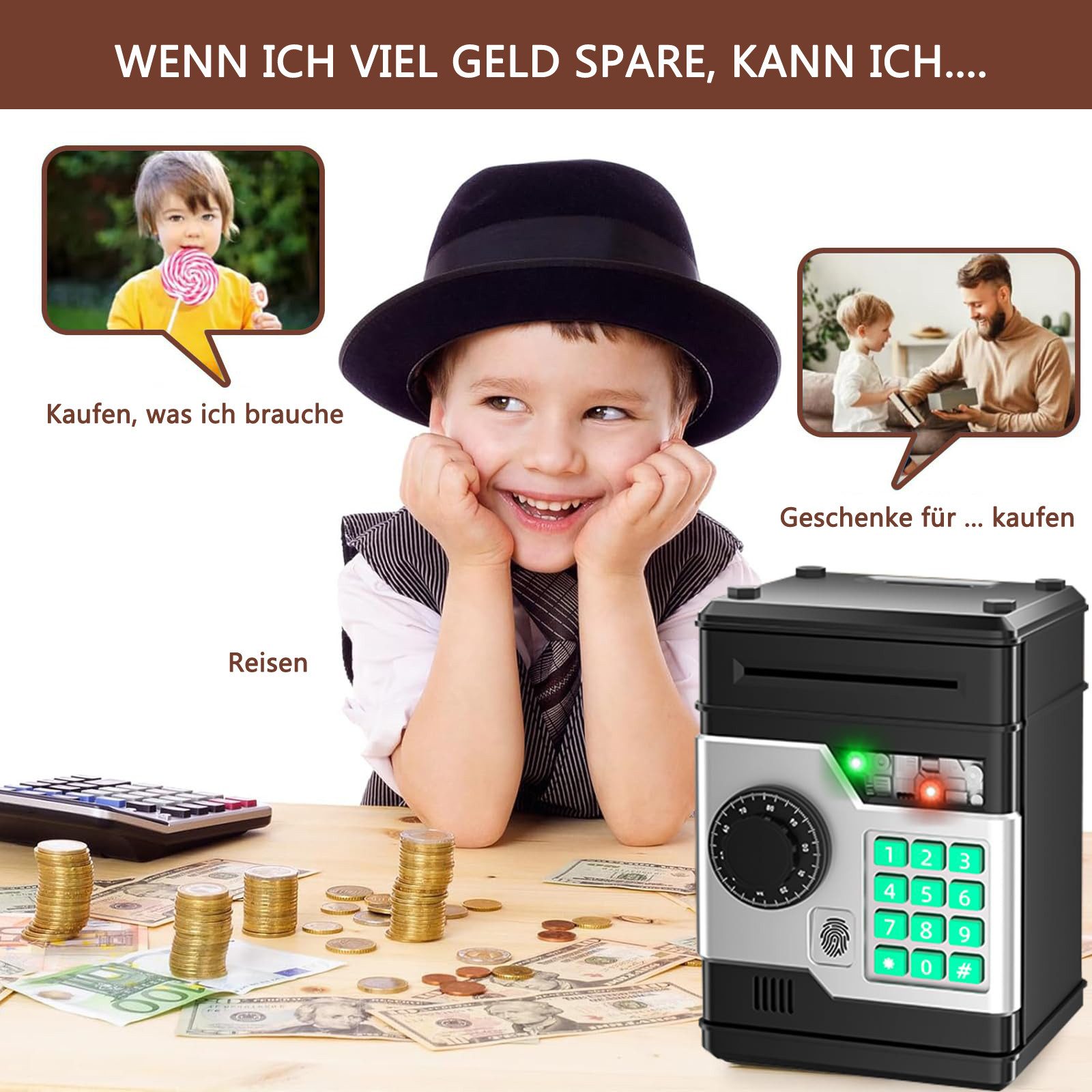 Minicloss Spardose Elektronisches Sparschwein, Geldtresor, Mini-Safe, Geldautomat, Fingerabdruck-Entsperrung Passwort Spardose Kinder – Bild 2 von 5